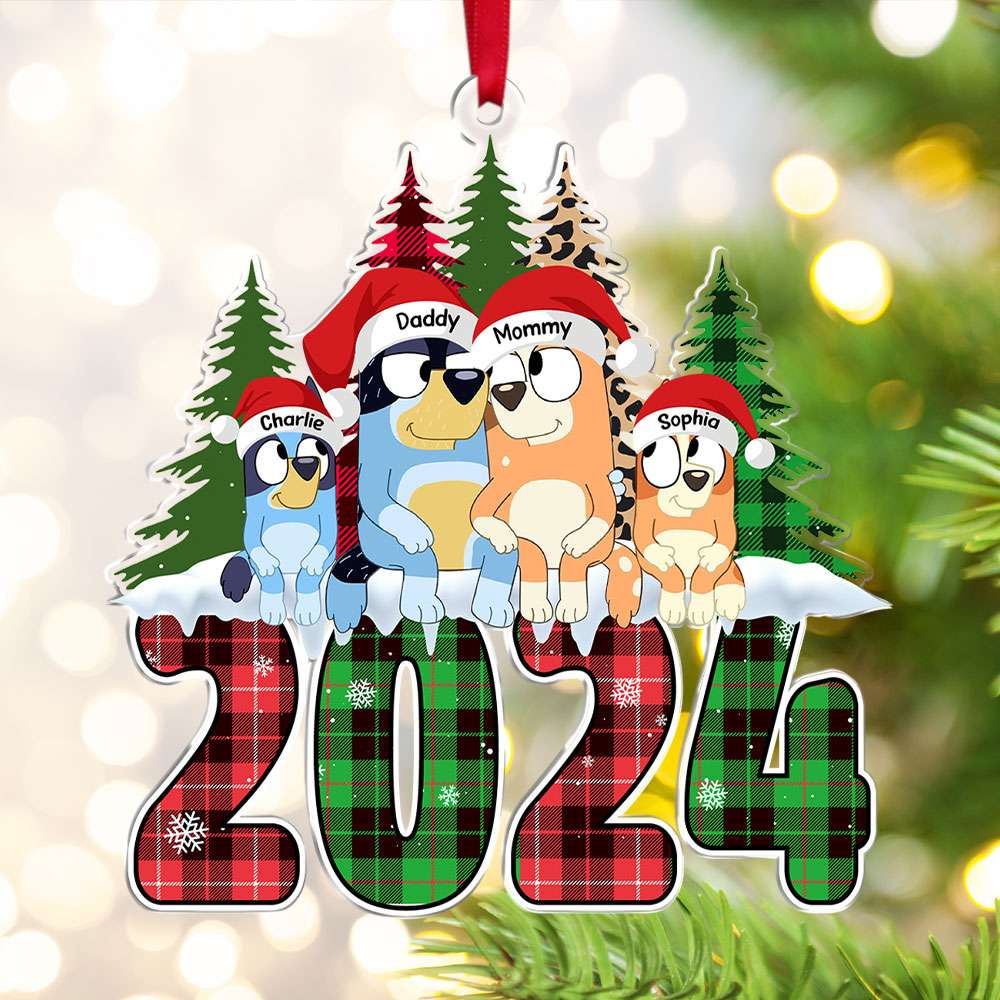 Personalized Family Christmas Ornament - Dogs & Trees Design