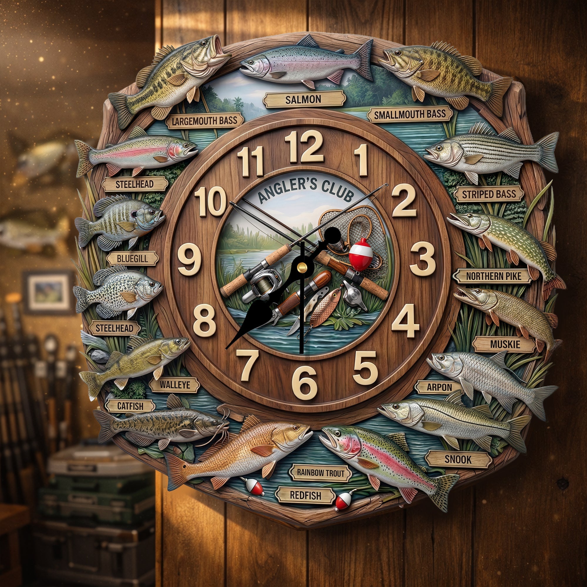 Time for Fishing: Personalized Fishing Lover Clock - Custom Wall Clock for Fishing Enthusiasts Hanging Wall Clock PopCulturePrints