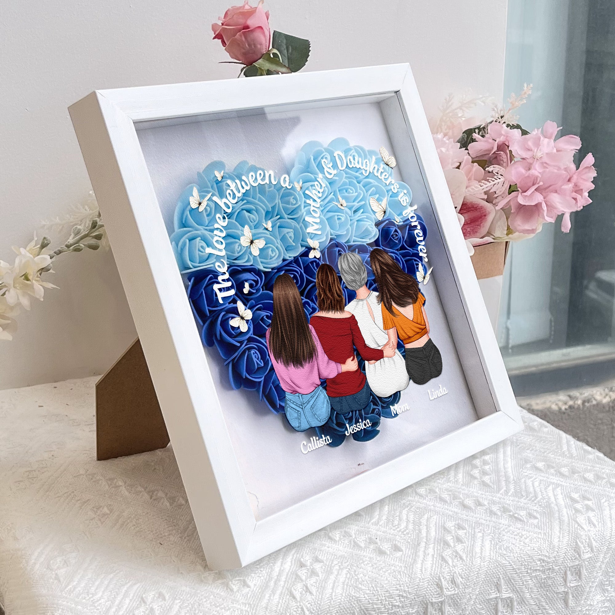 The Love Between A Mother And Daughters Is Forever - Personalized Flower Shadow Box for Mom and Grandma Flower Shadow Box PopCulturePrints