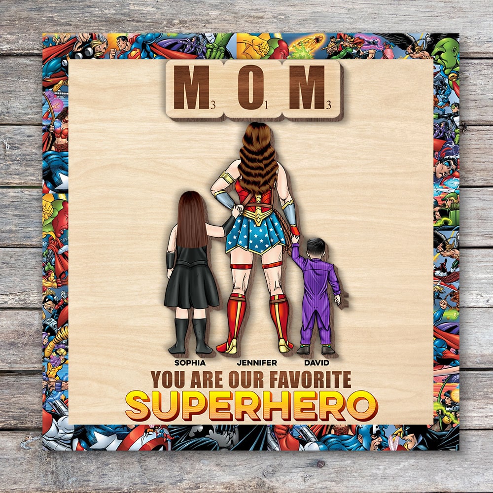 Personalized Superhero Mom Wooden Art Sign - Custom Gift for Mom Wood Sign PopCulturePrints