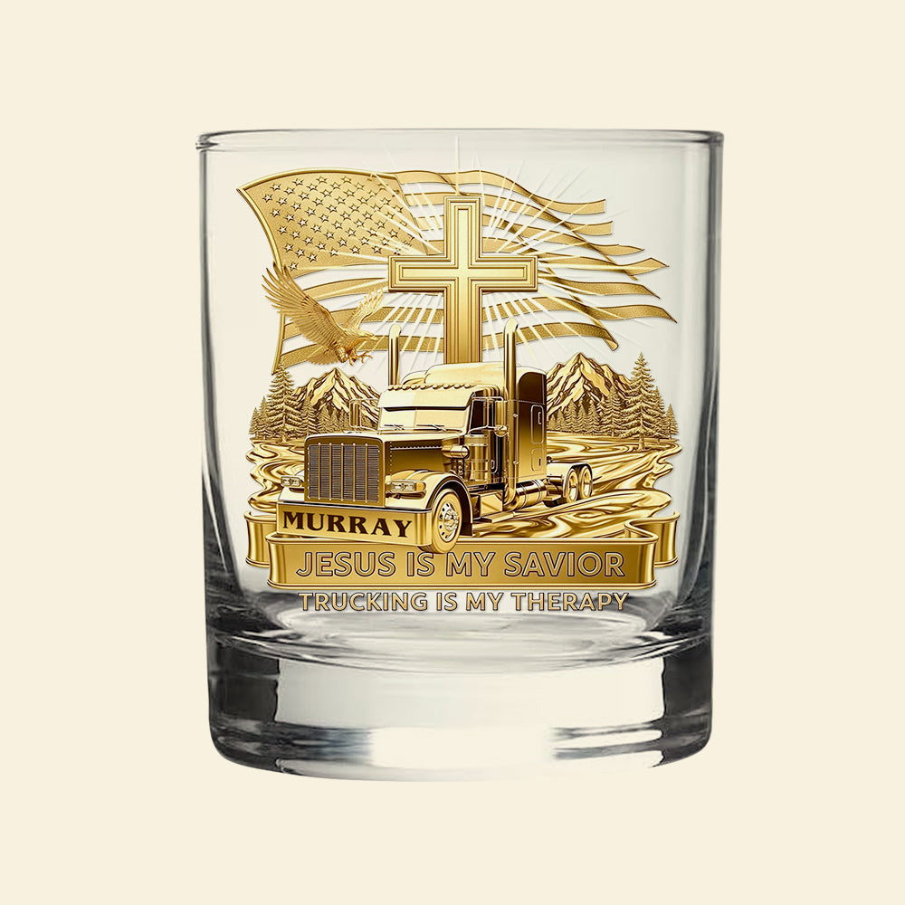 Jesus Is My Savior - Custom Trucker Round Whiskey Glass - Personalized Gifts for Christian Truckers and Faith Enthusiasts Whiskey Glass PopCulturePrints