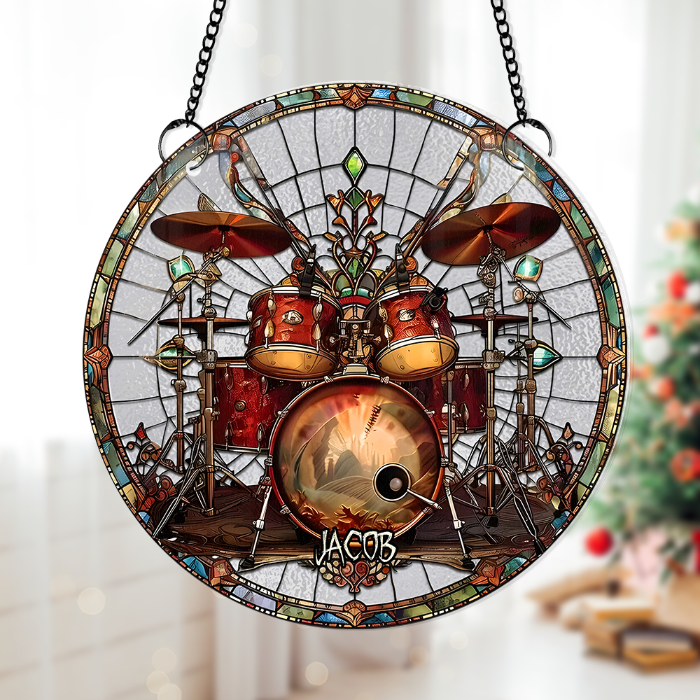 Personalized Suncatcher Ornament for Drum Lovers - Skeleton Drummer Design