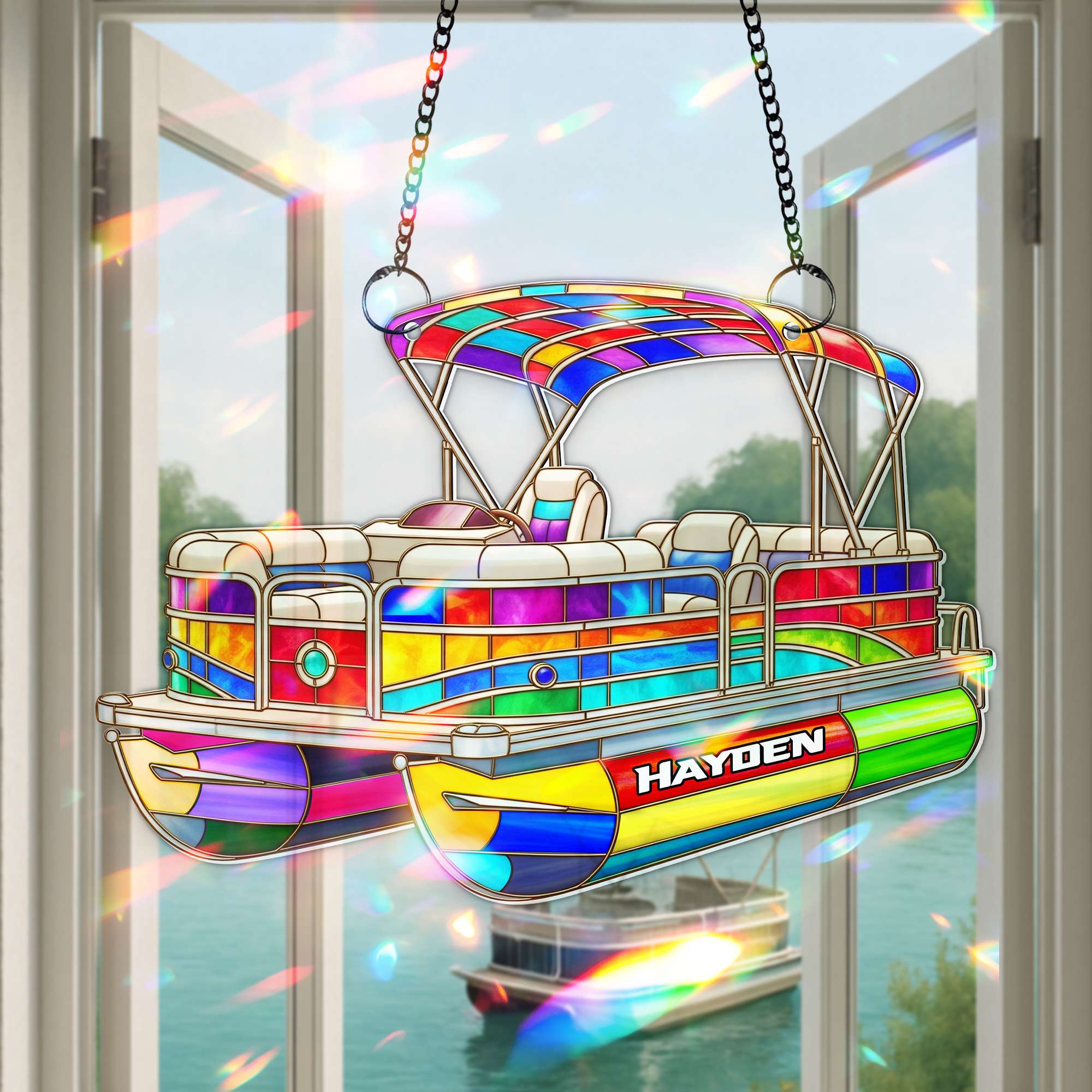 Bring Color to Your Space - Colorful Pontoon Boat Suncatcher - Personalized Gifts for Pontoon Enthusiasts Ornament PopCulturePrints