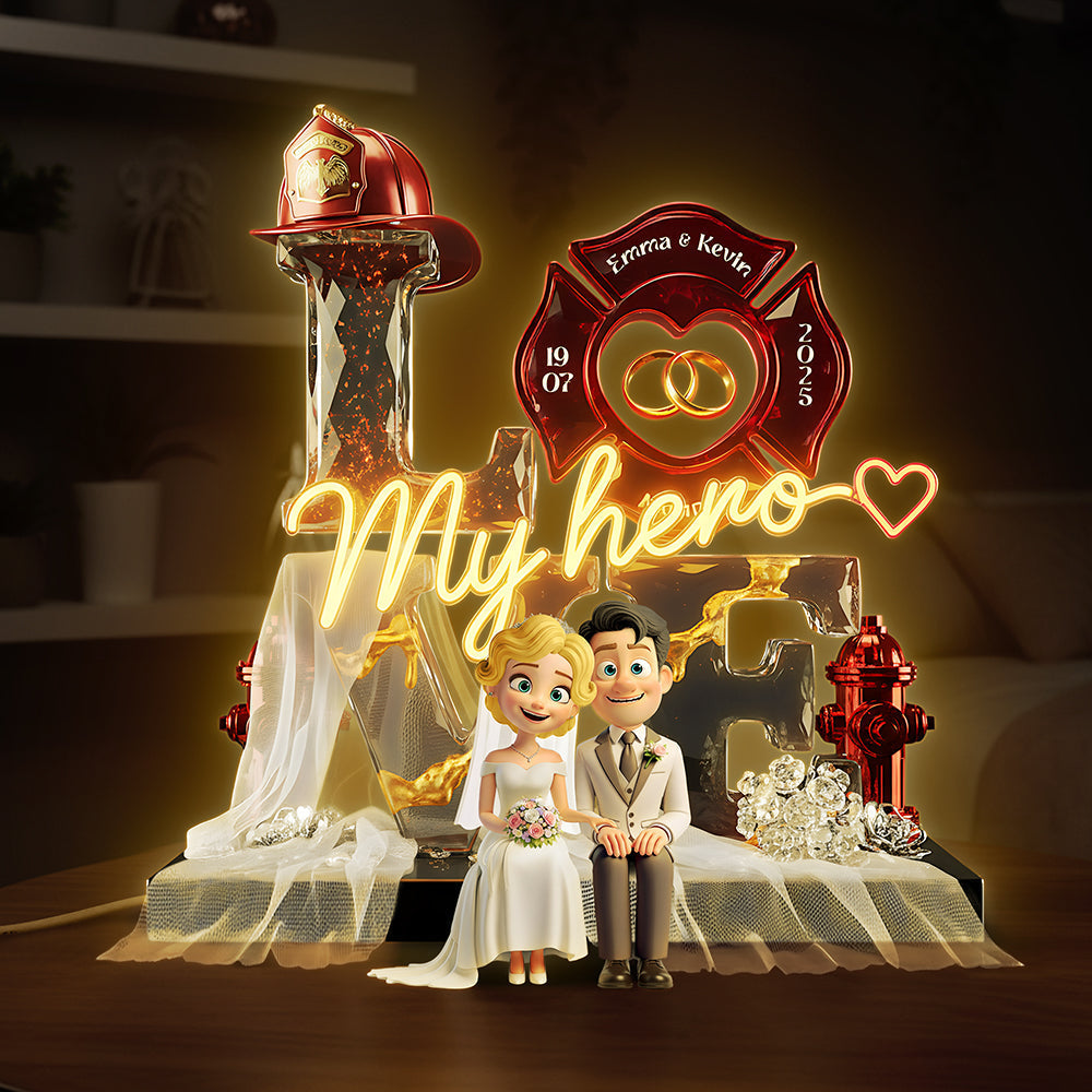 My Hero - Firefighter Wedding Couple Acrylic Light Box - Personalized Gift for Couples Light Box PopCulturePrints