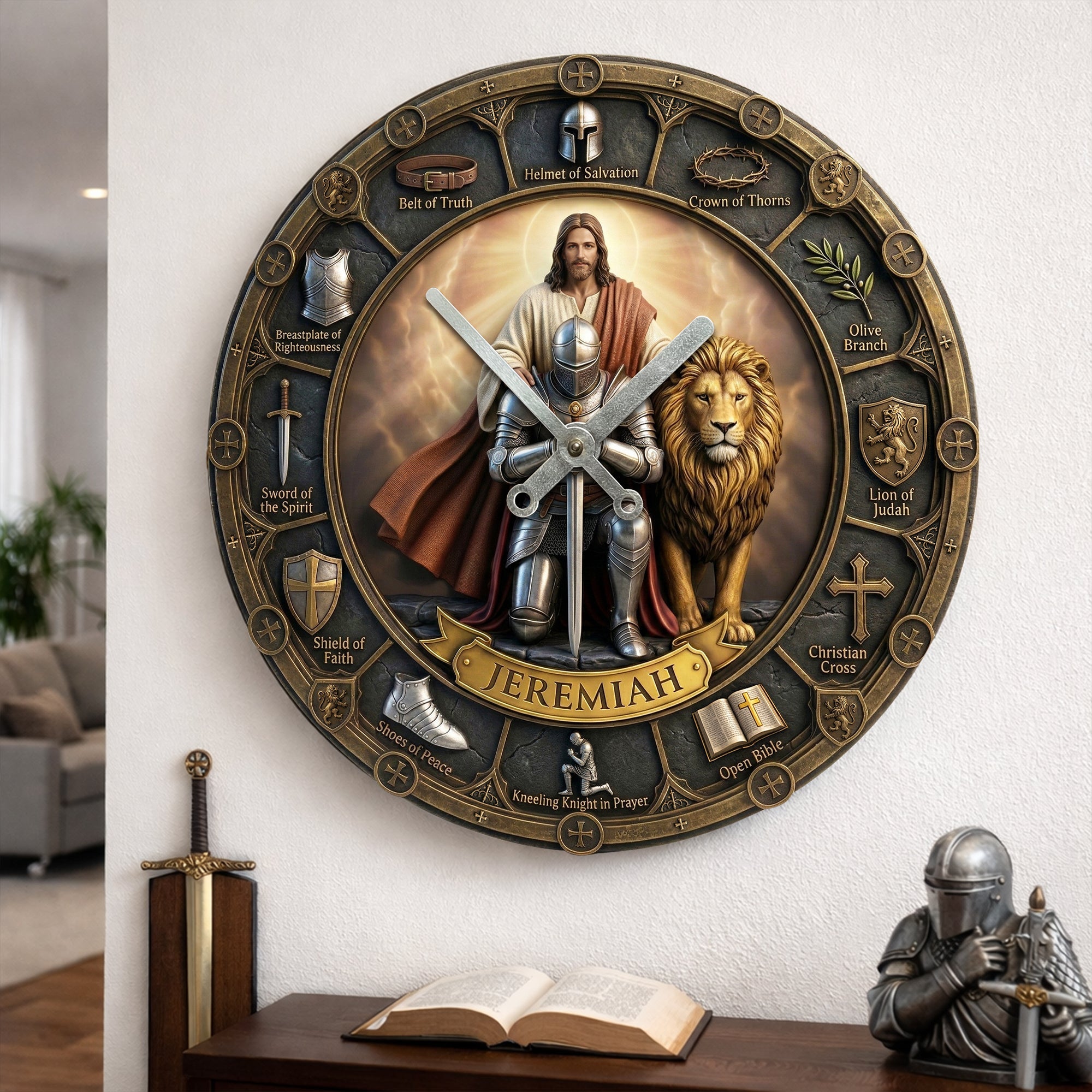 "Embrace Faith and Time" - Kneeling Knight Acrylic Wall Clock - Personalized Christian Gift for Loved Ones Hanging Wall Clock PopCulturePrints
