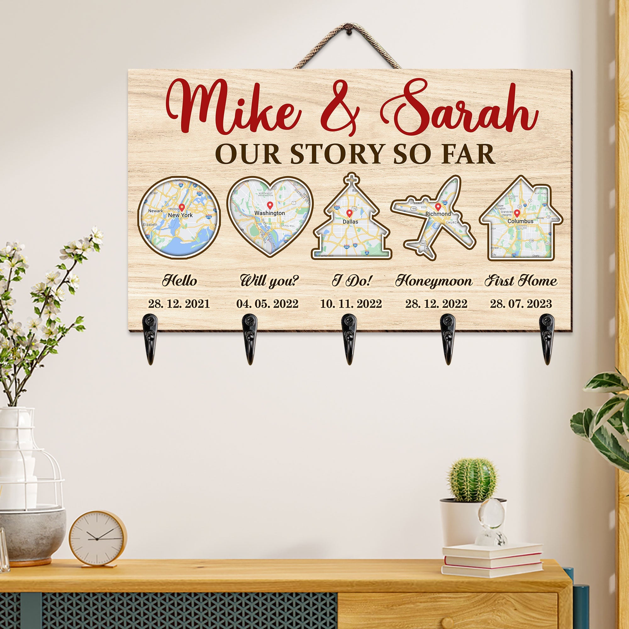 Custom Wooden Key Hanger for Couples - Our Story So Far Wood Sign PopCulturePrints