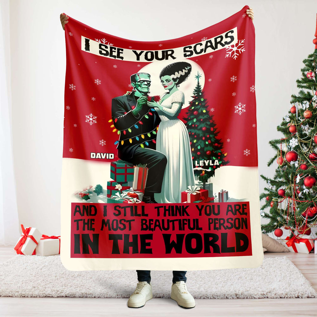 Personalized Christmas Couple Blanket - Frankenstein and Bride