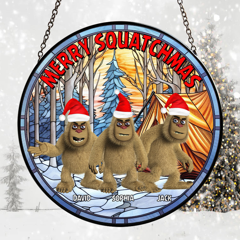 Customizable Merry Squatchmas Stained Glass Suncatcher for Bigfoot Enthusiasts