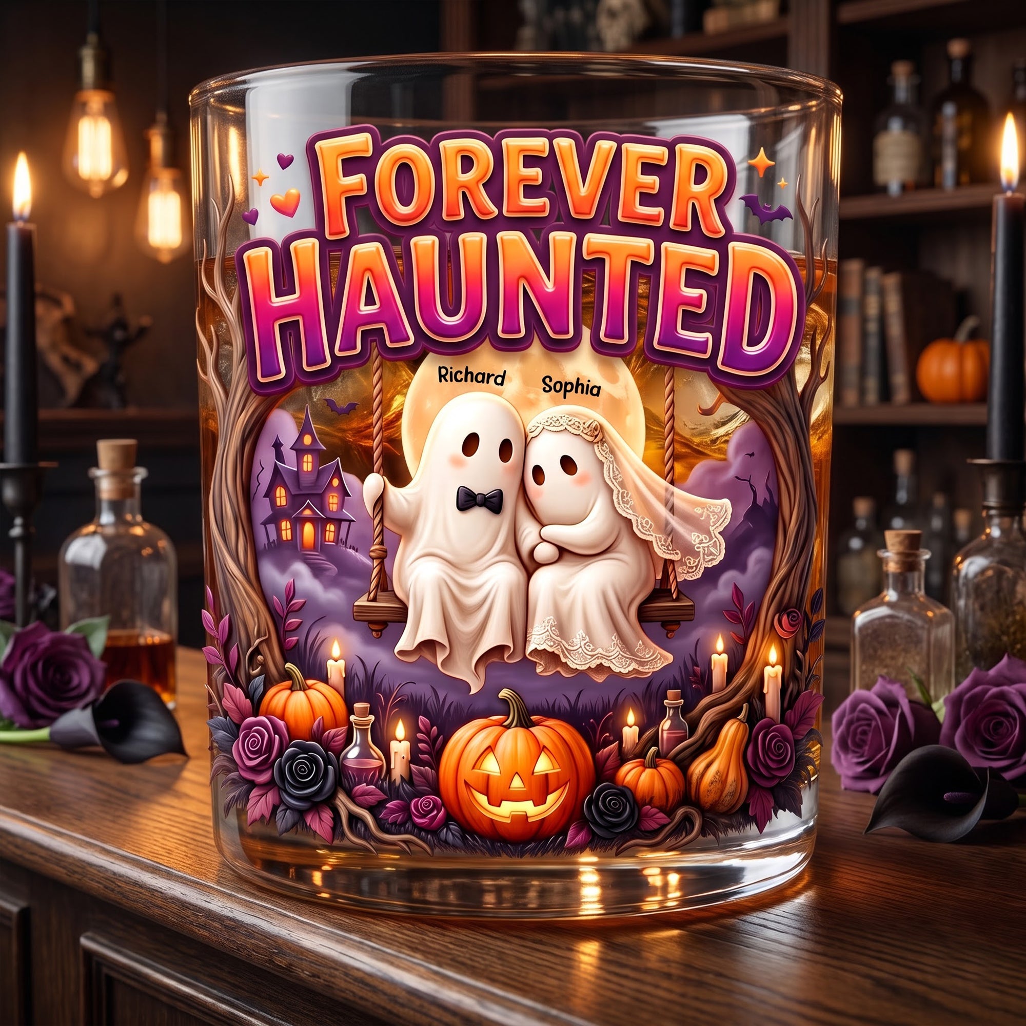 Forever Haunted - Custom Halloween Round Glass Gift for Couples