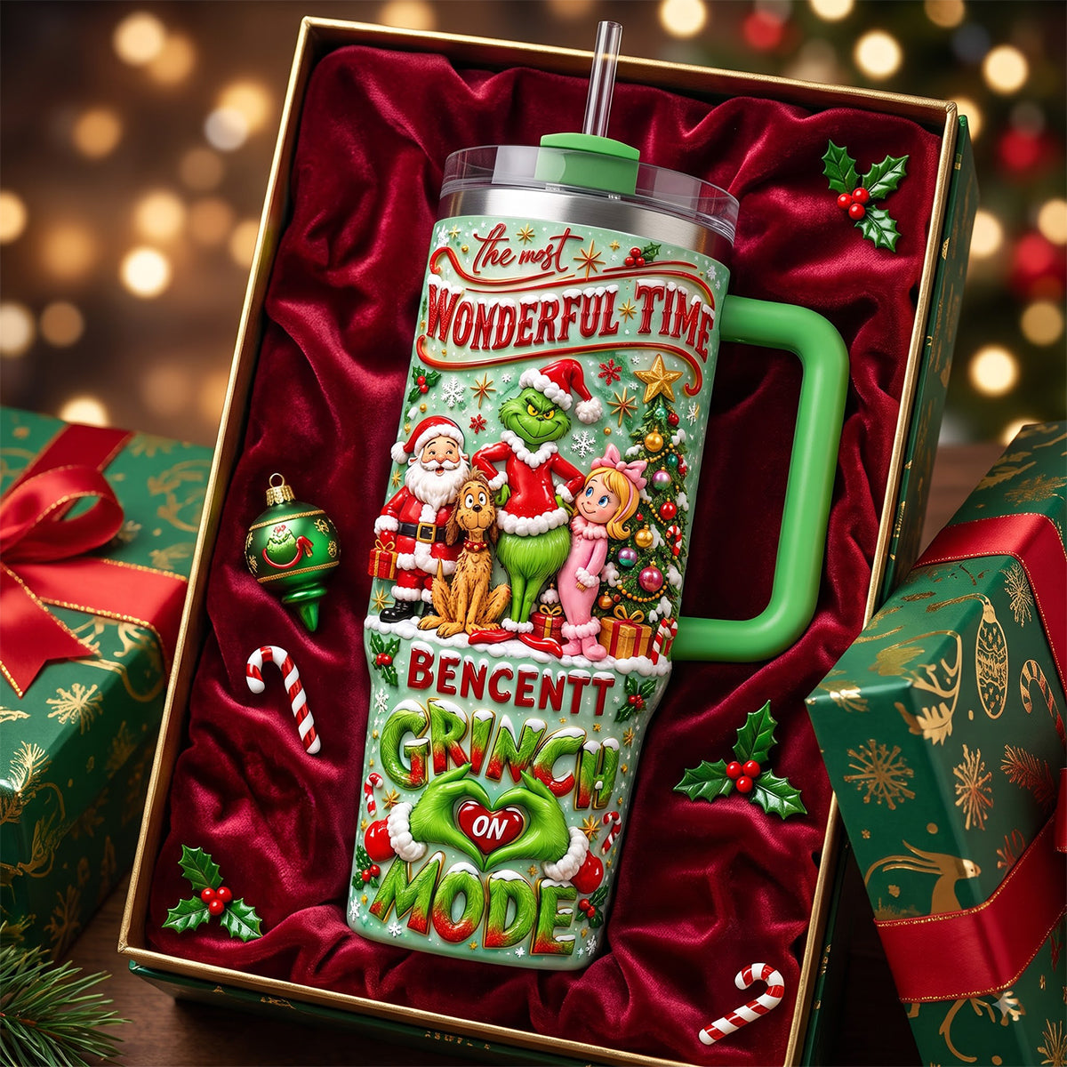 The Most Wonderful Time: Personalized Grinch Holiday Spirit Tumbler - Perfect Christmas Gift for Friends and Family Tumbler Cup PopCulturePrints