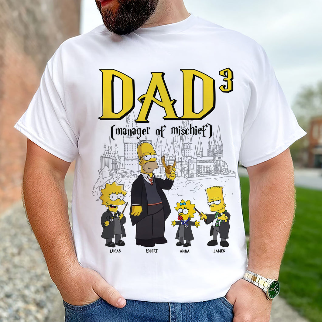 Personalized Dad T-Shirt: Manager of Mischief - Simpson Family Hogwarts Edition