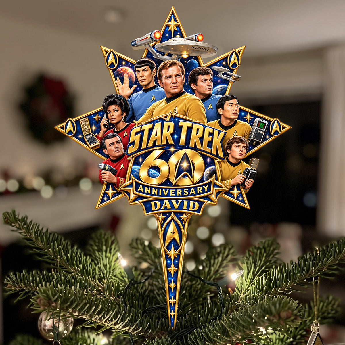 “A Journey Through the Stars” - Personalized Star Trek 60th Anniversary Christmas Tree Topper - A Unique Gift for Trekkies and Sci-Fi Fans