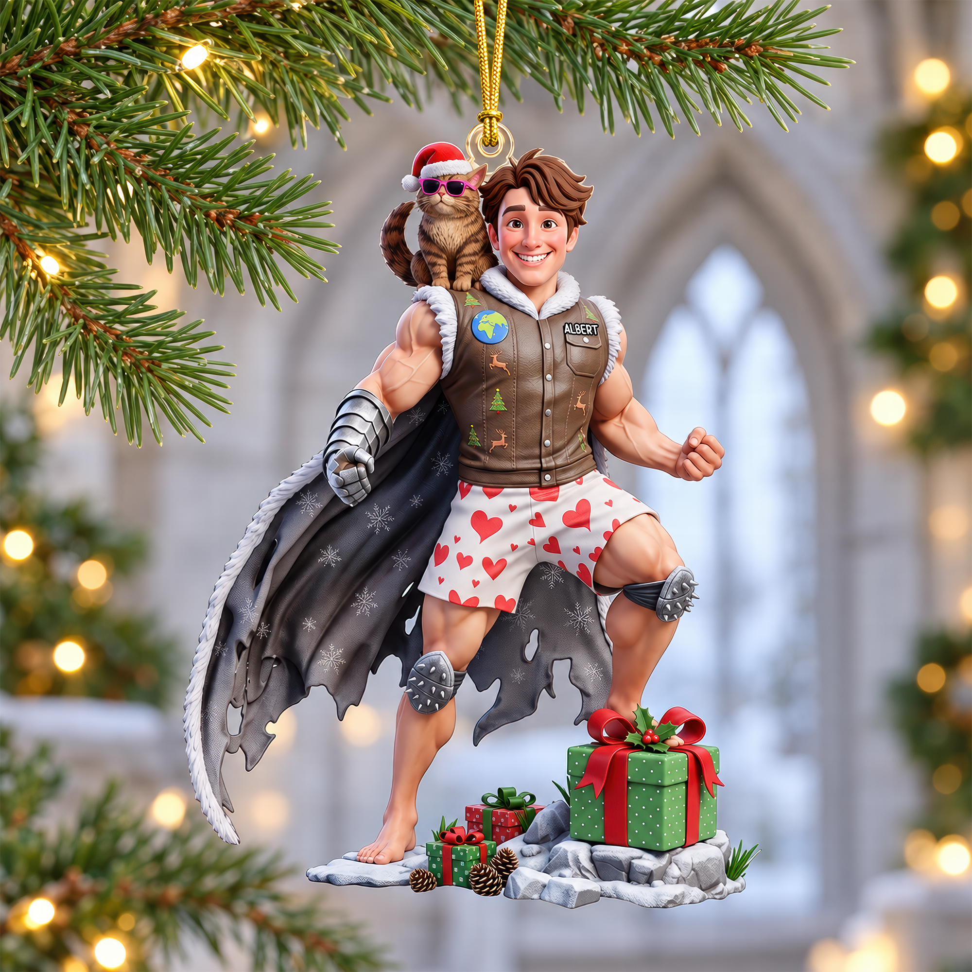 Funny Adventure Men With Cat Ornament - Personalize Your Holiday Cheer
