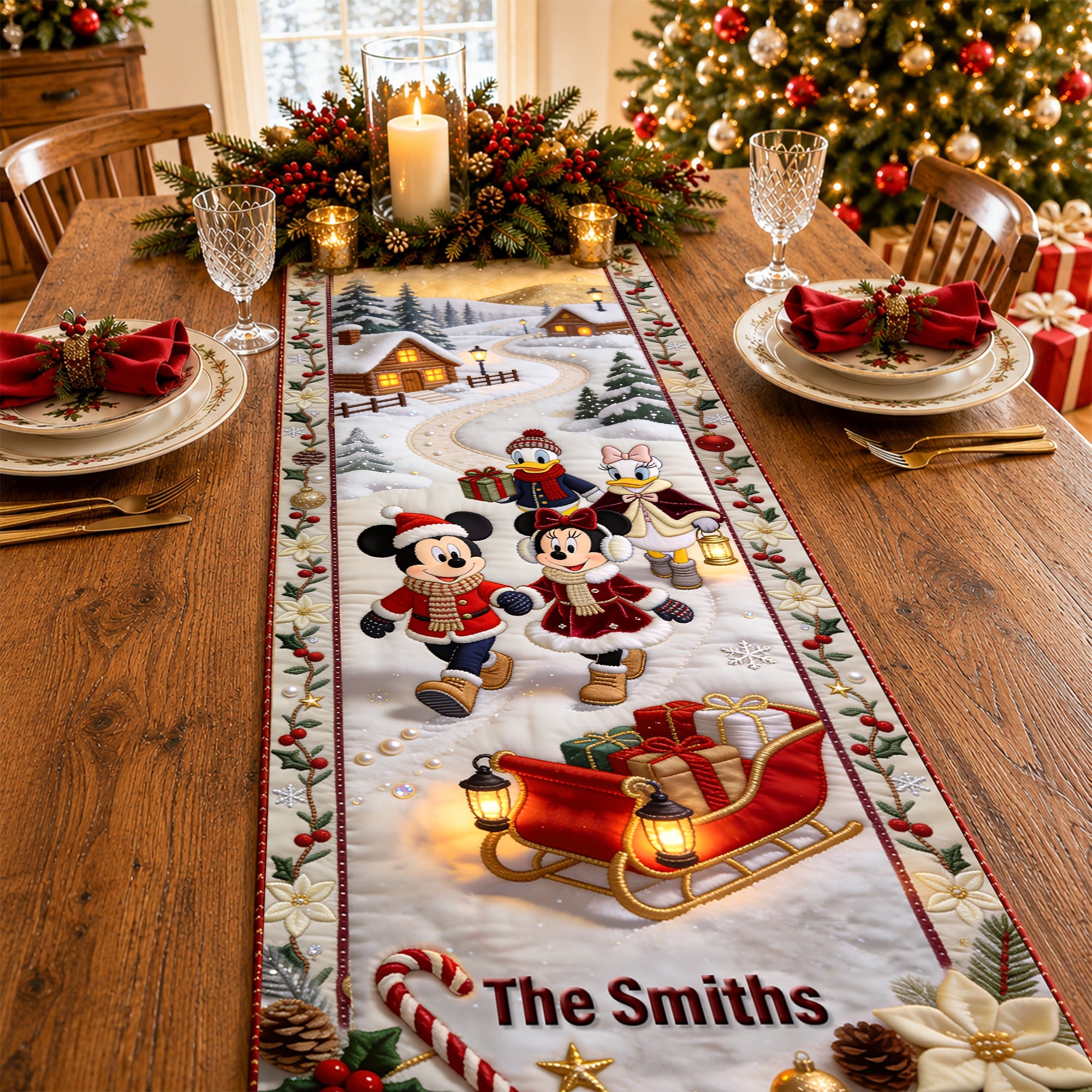 Bring Joy to Your Family with Our Christmas Mouse Family Table Runner - Personalized Gift for Everyone