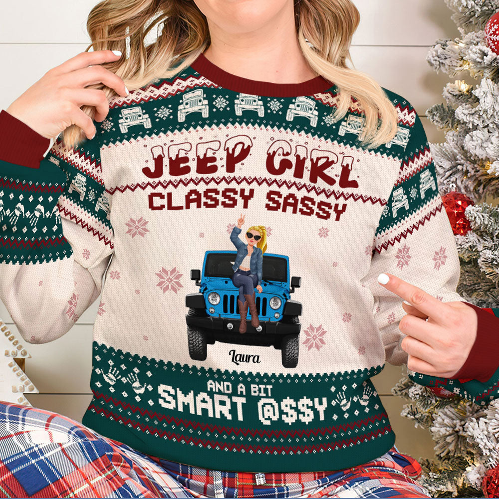 Personalized Jeep Girl Christmas Sweater - Classy, Sassy & Smart