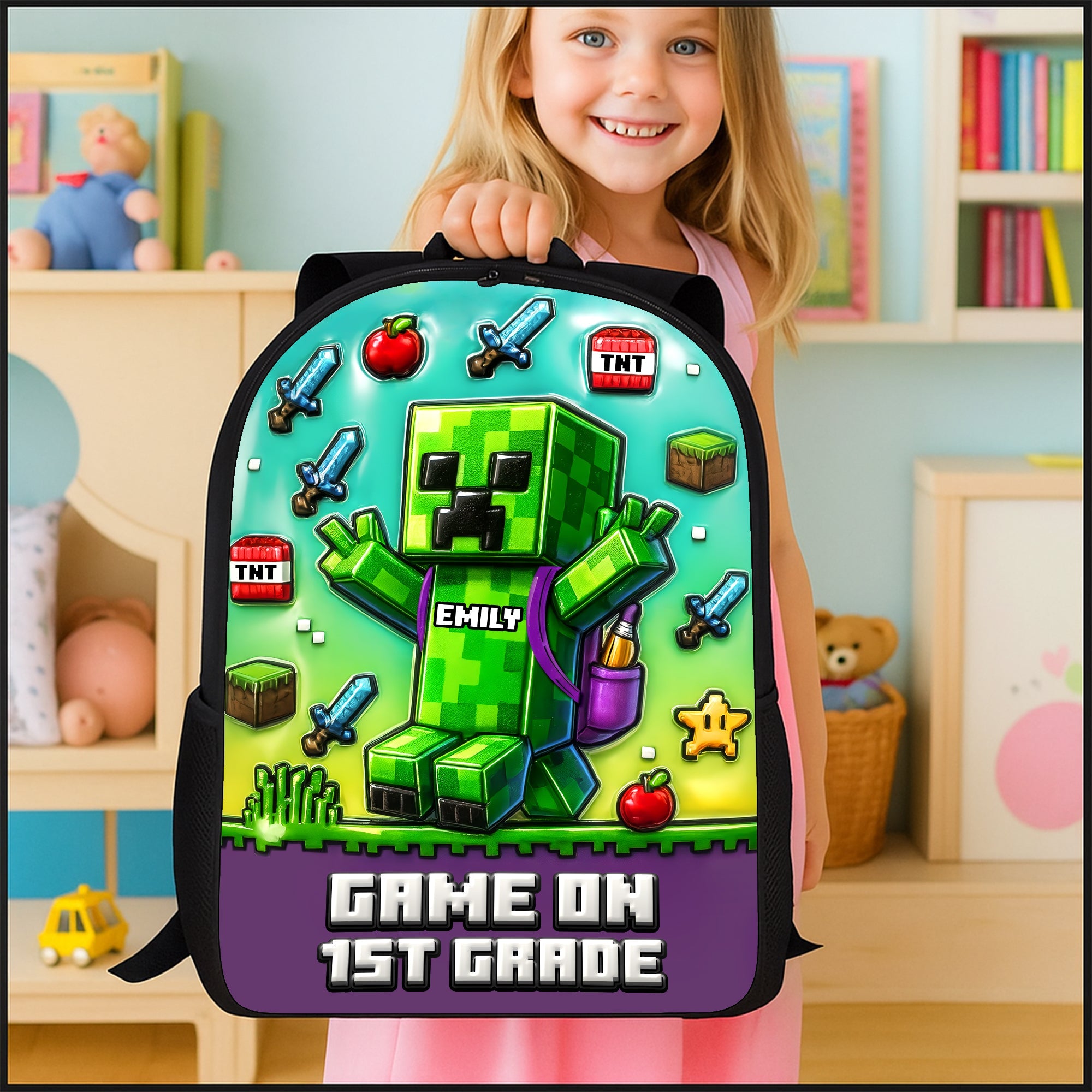 Game On! Personalized Green Pixel Hero School Bag - A Unique Gift for Kids Backpack PopCulturePrints