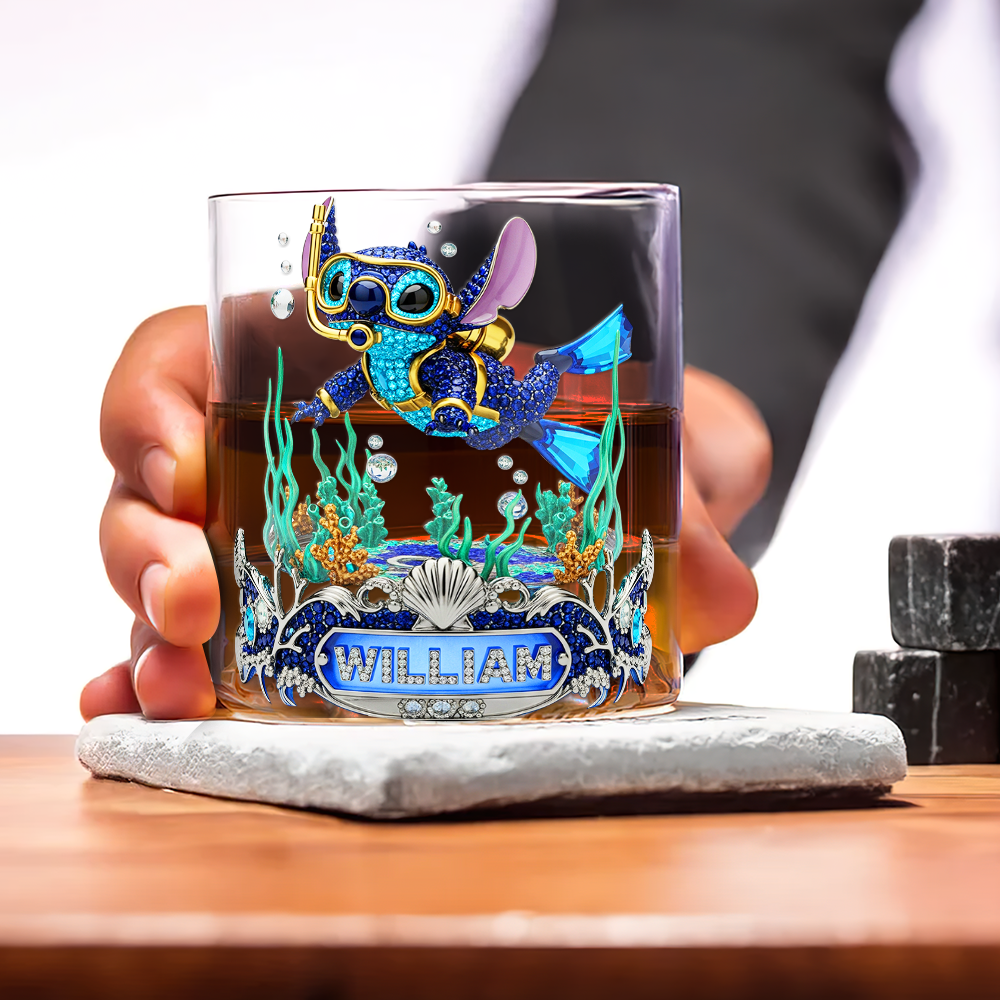 "Dive Into Fun!" - Personalized Scuba Diving Alien Drinking Glass - Unique Gift for Scuba Divers and Ocean Lovers Whiskey Glass PopCulturePrints