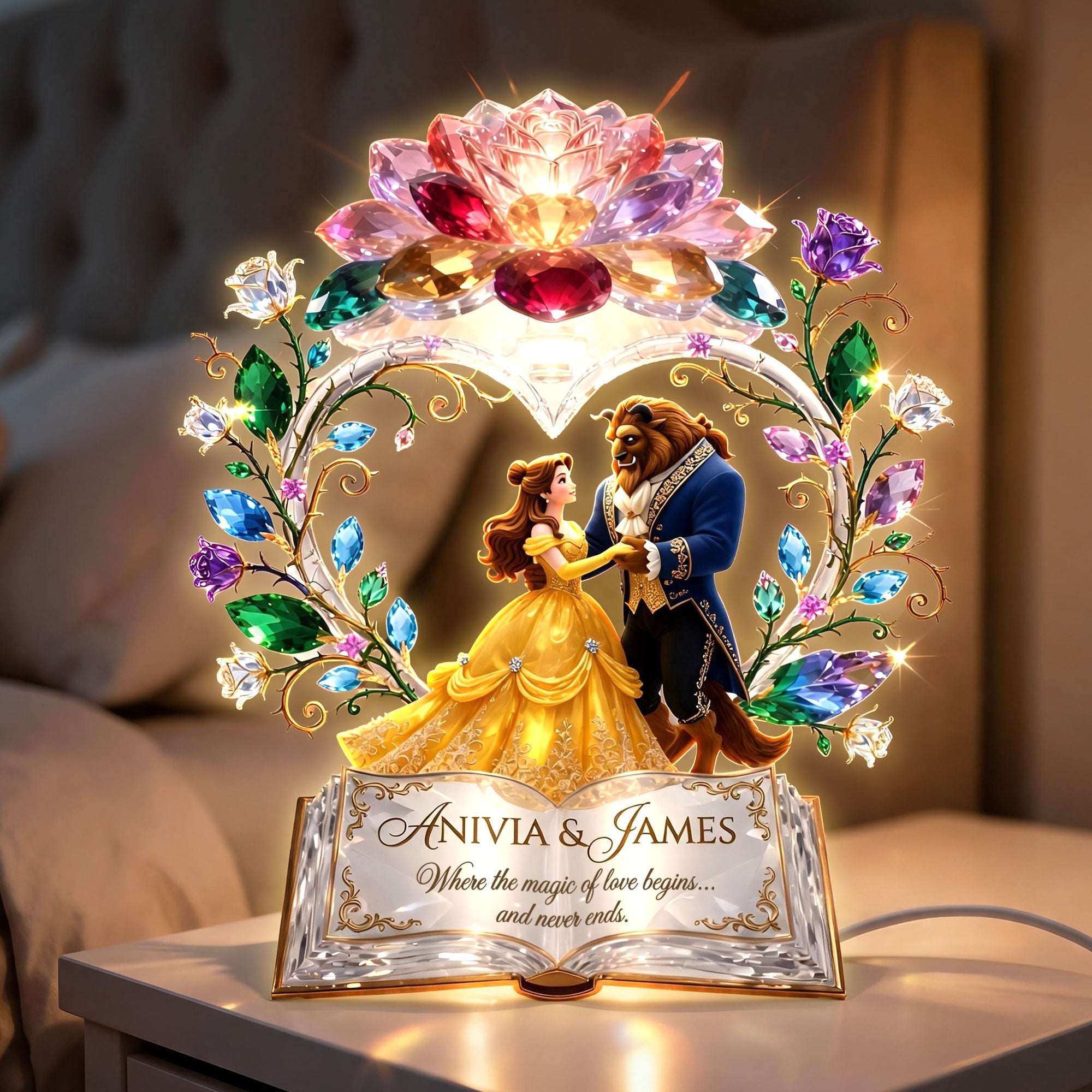 "Where the Magic of Love Begins" - Personalized Fairytale Couple Acrylic Light Box - Unique Gift for Couples, Anniversary, Engagement, Wedding Light Box PopCulturePrints
