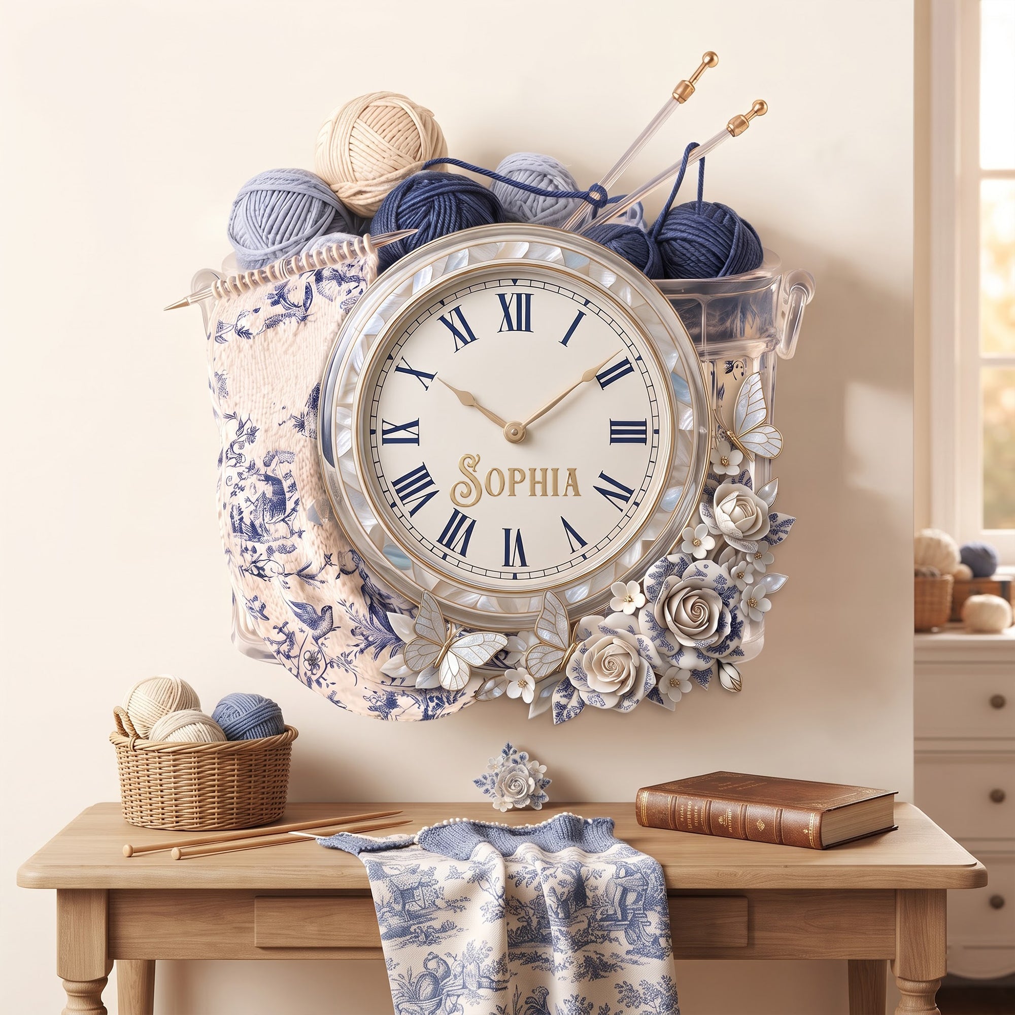 Timeless Elegance: Toile De Jouy Floral Knitting Hanging Wall Clock - Personalized Gift for Knitting Lovers