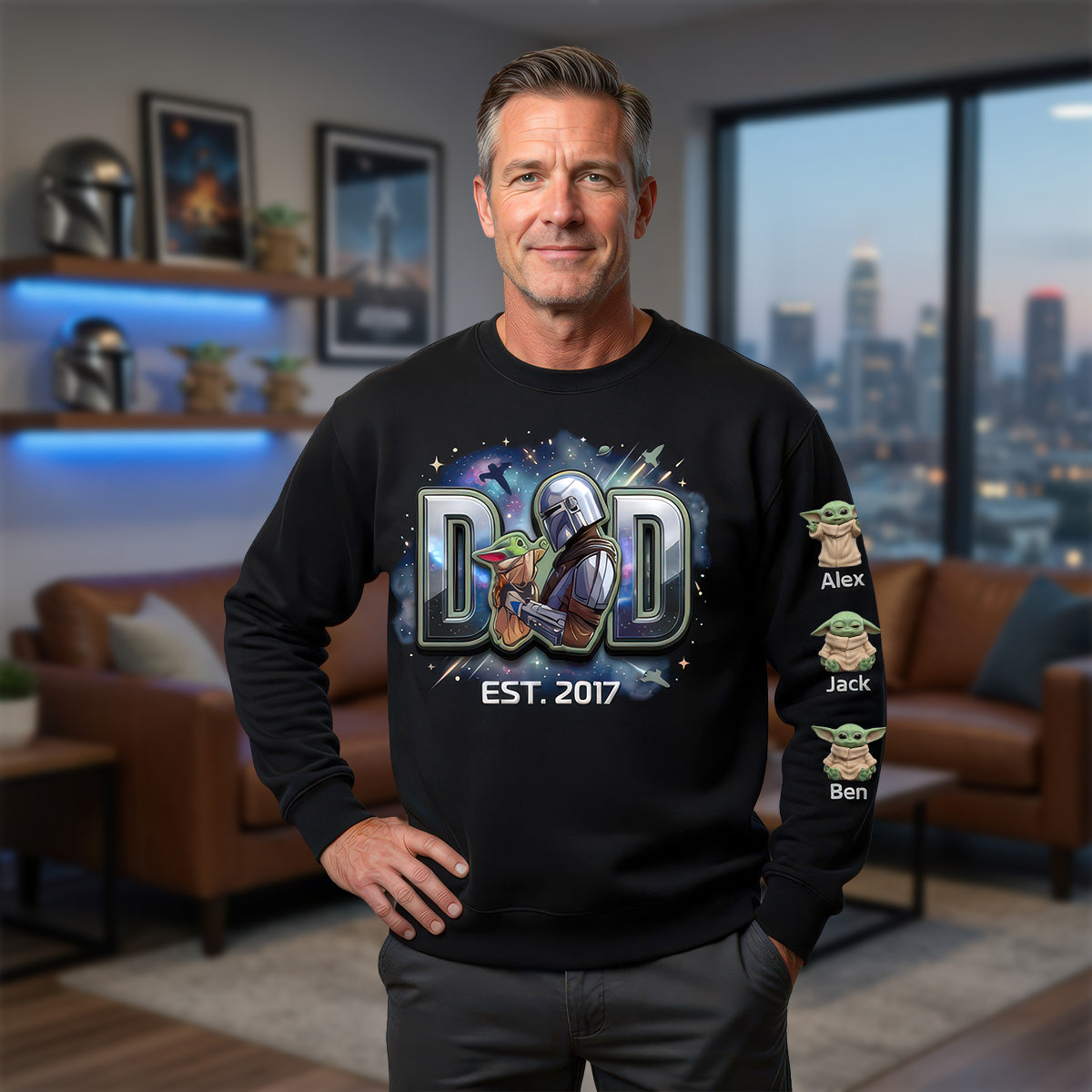 “For the Best Dad in the Galaxy” - Space Protector Dad Shirt - Personalized Gift for Fathers, Grandpas, and Dads AOP Products PopCulturePrints