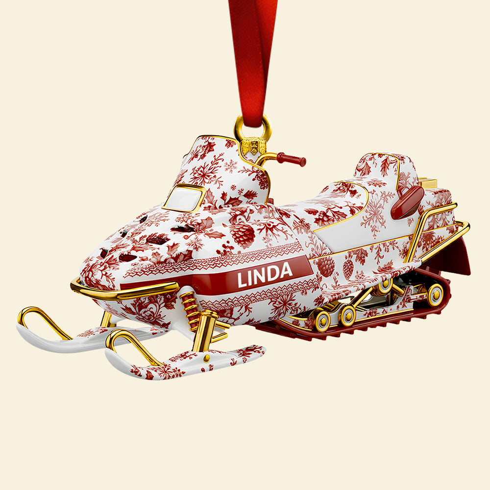 “Celebrate the Thrill of Winter!” - Snowmobile Toile de Jouy Ornament - Personalized Christmas Gift Ornament PopCulturePrints