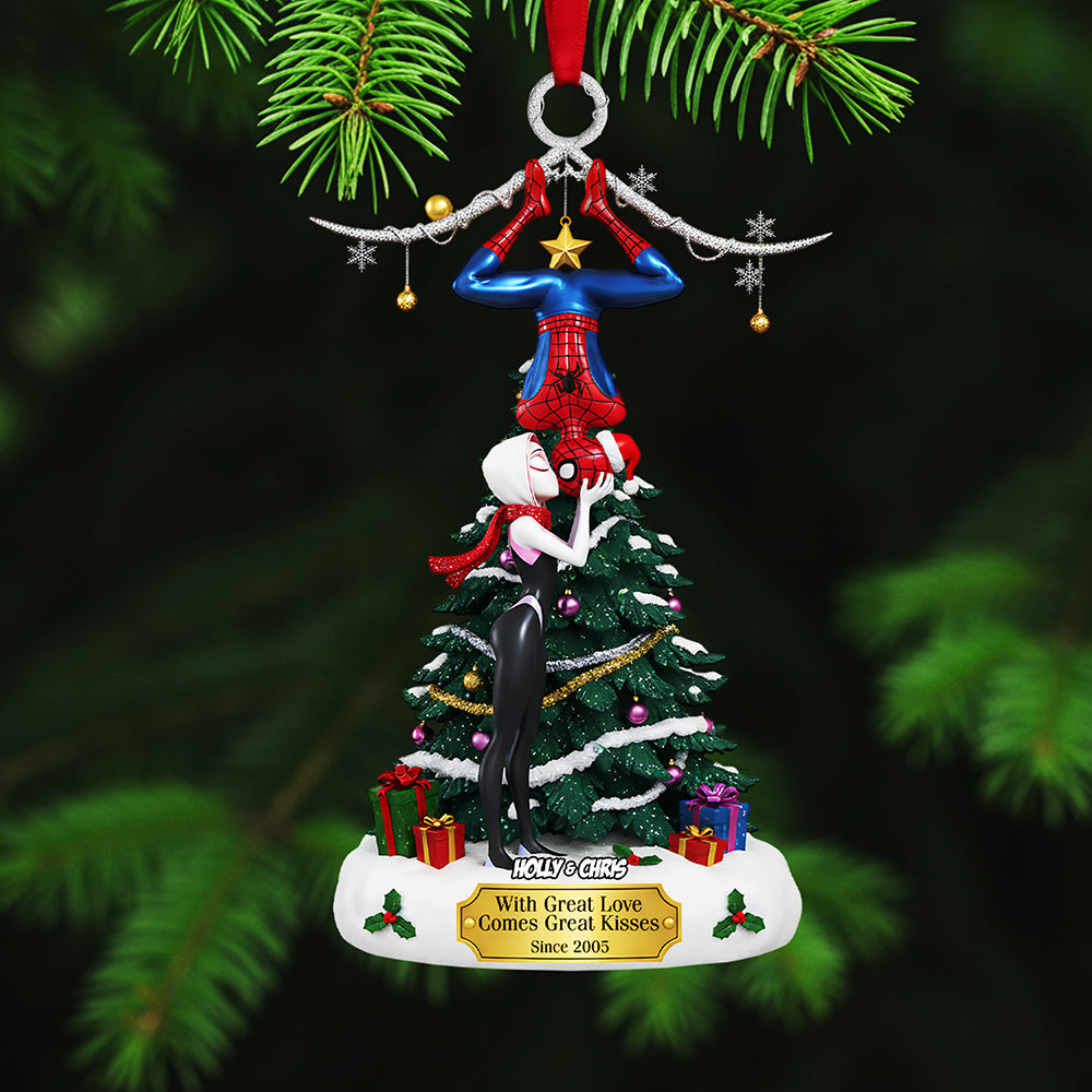 With Great Love Comes Great Kisses - Personalized Cheeky Kissing Couple Acrylic Ornament Ornament PopCulturePrints