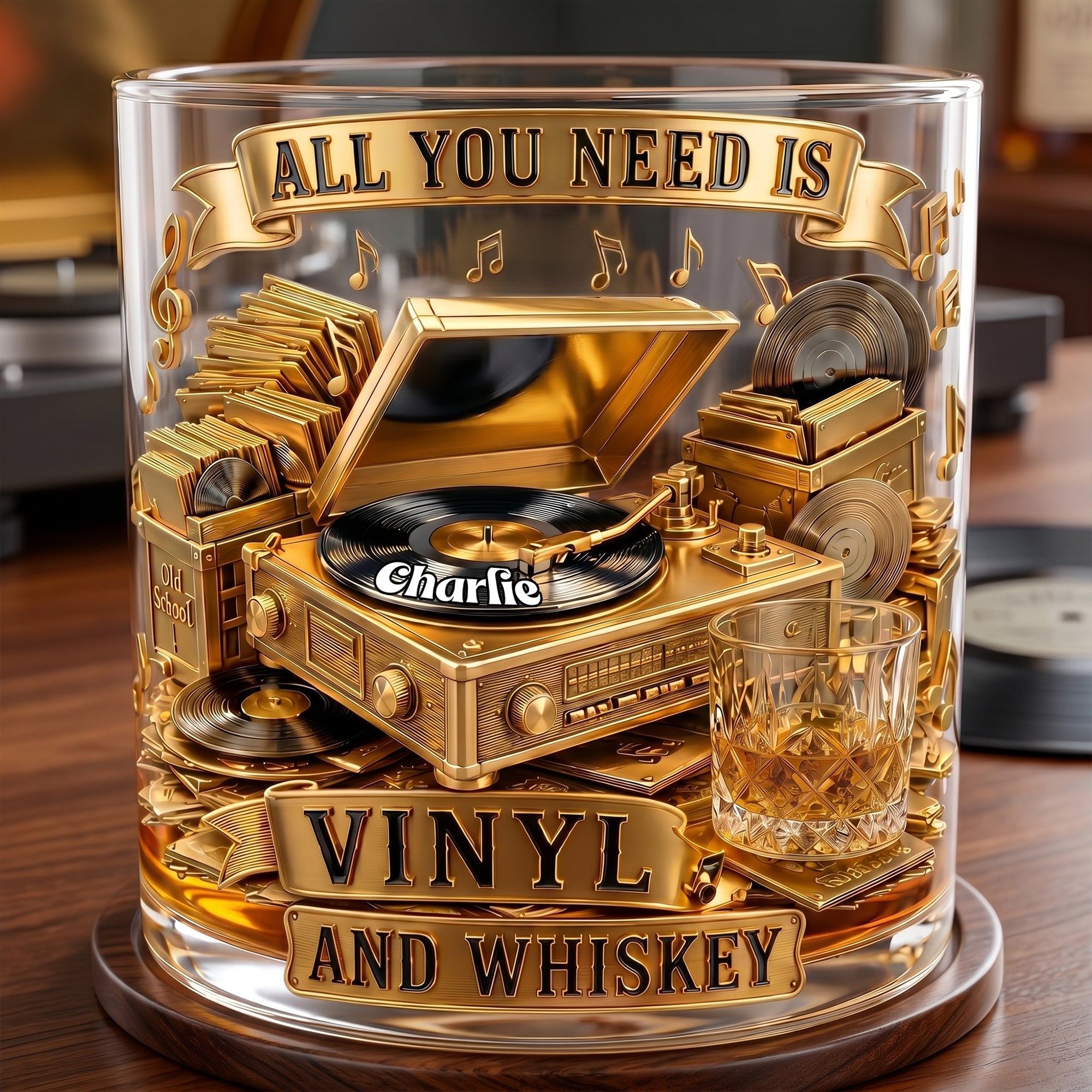 All You Need is Vinyl and Whiskey - Personalized Round Glass for Vinyl Record Lovers Glass PopCulturePrints