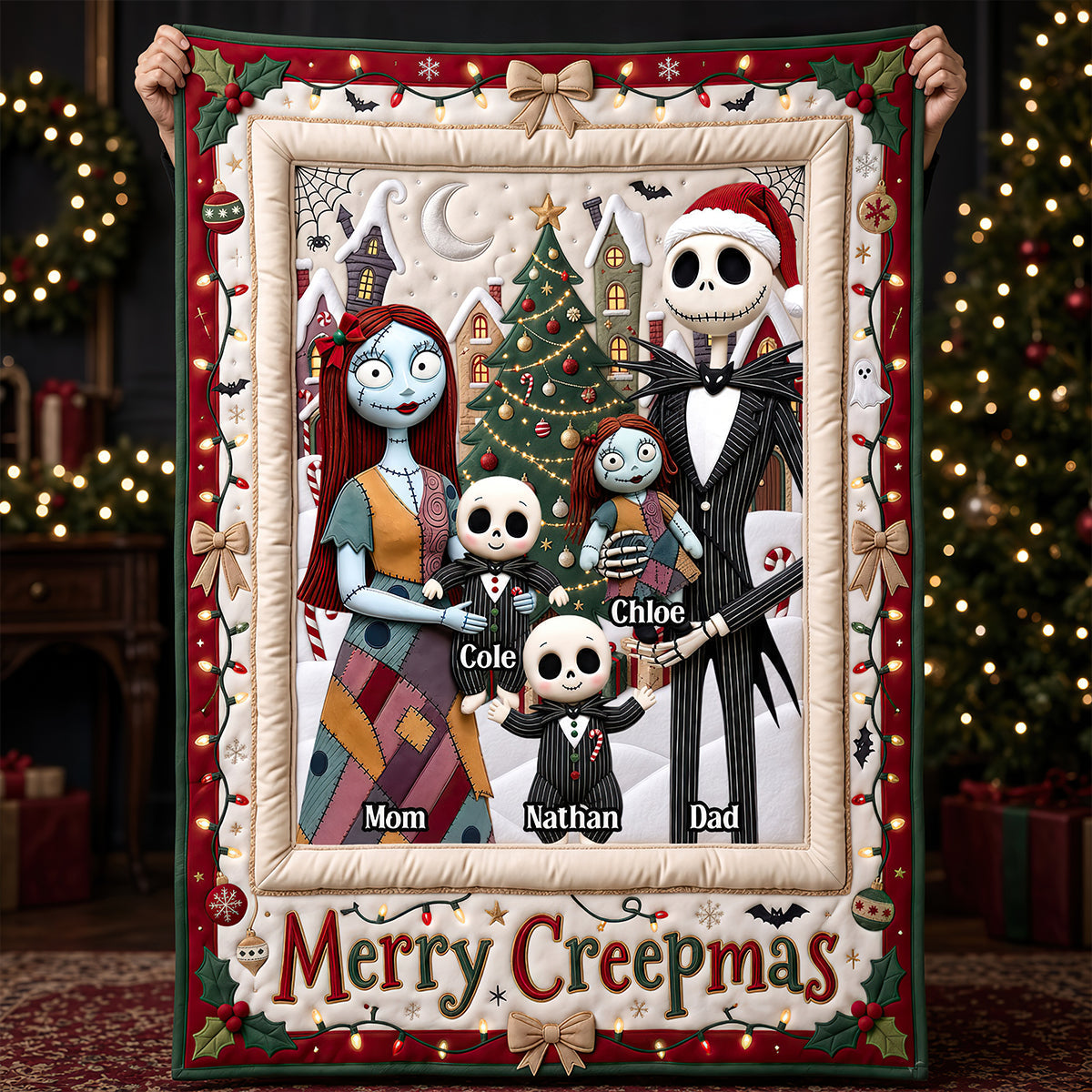 “Merry Creepmass” - Spooky Family Merry Xmas Blanket - Custom Personalized Christmas Gift for Family