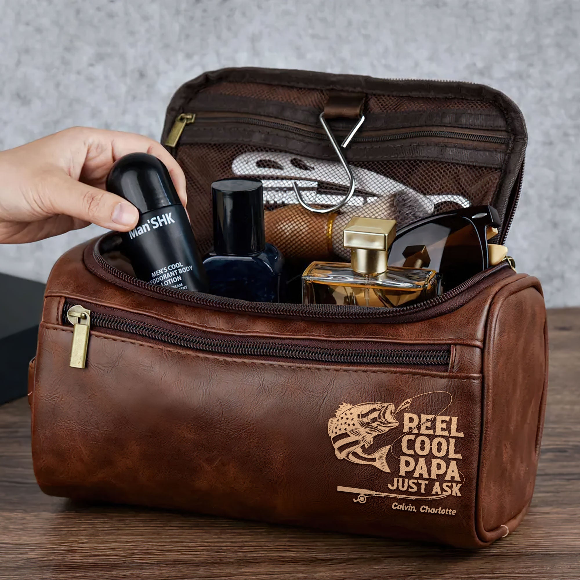 "Fishing with Dad: A Personalized Touch for Every Adventure" - Fishing Dad Leather Toiletry Bag - Custom Gift for Dad & Grandpa Toiletry Bag PopCulturePrints