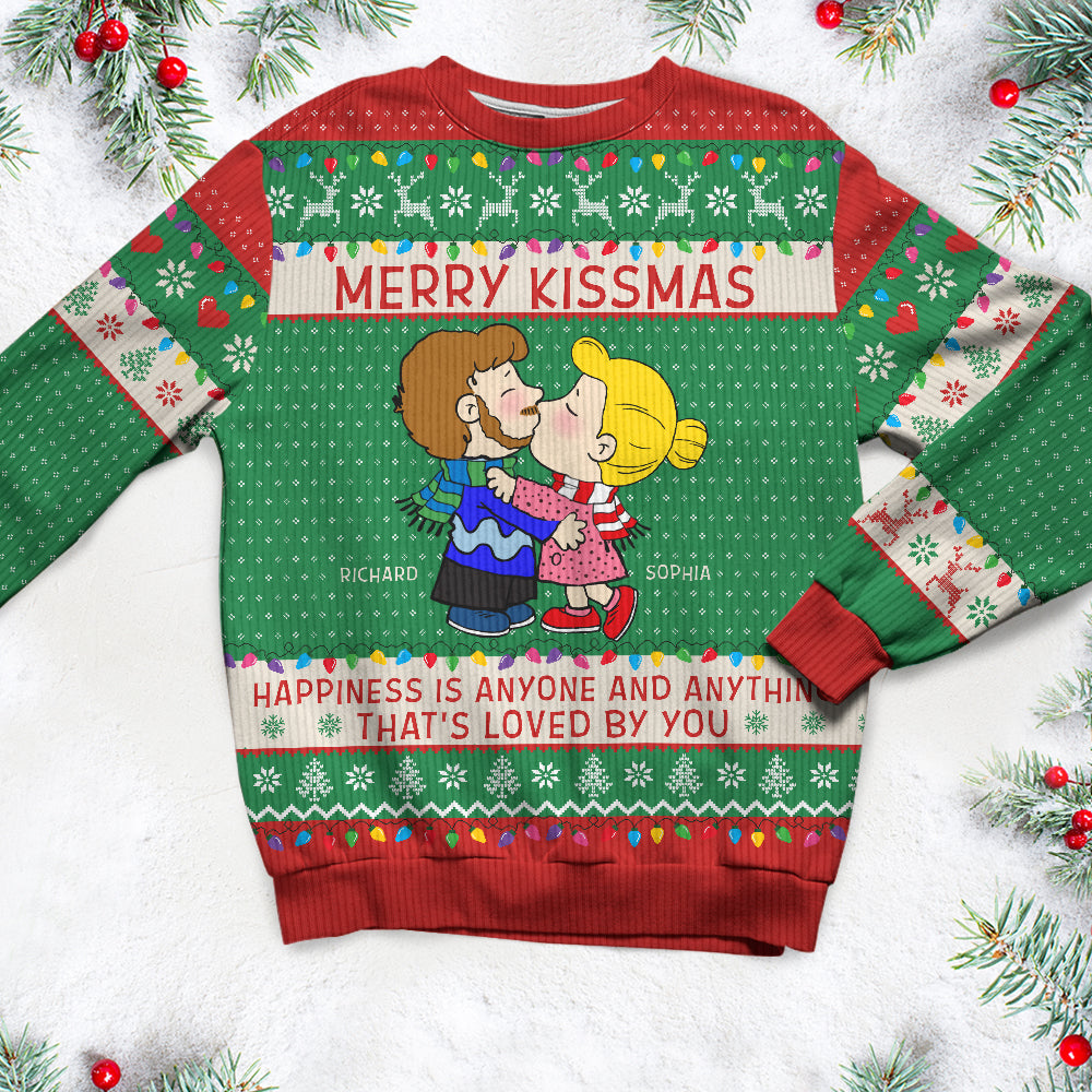 Custom Cartoon Couple Ugly Christmas Sweater - Merry Kissmas Edition