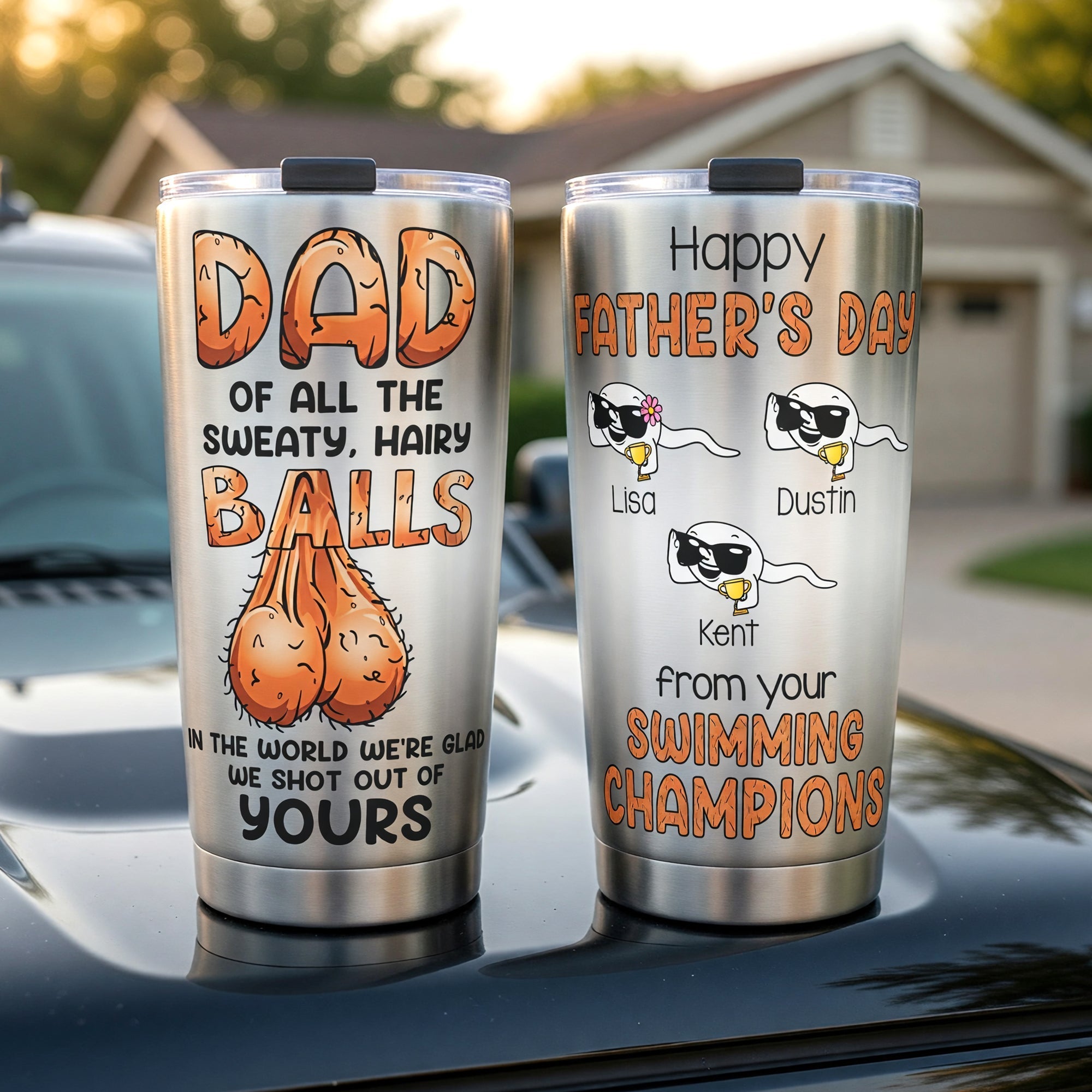 “Dad of All the Sweaty, Hairy Balls!” - Funny Dad Balls Tumbler, Personalized Gift for Dads, Grandpas, and More Tumbler Cup PopCulturePrints