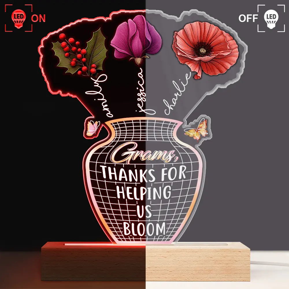 Mom, Thanks For Helping Us Bloom - Personalized 3D LED Light Wooden Base Gift for Mom, Grandma, and Special Women 3D Led Light PopCulturePrints