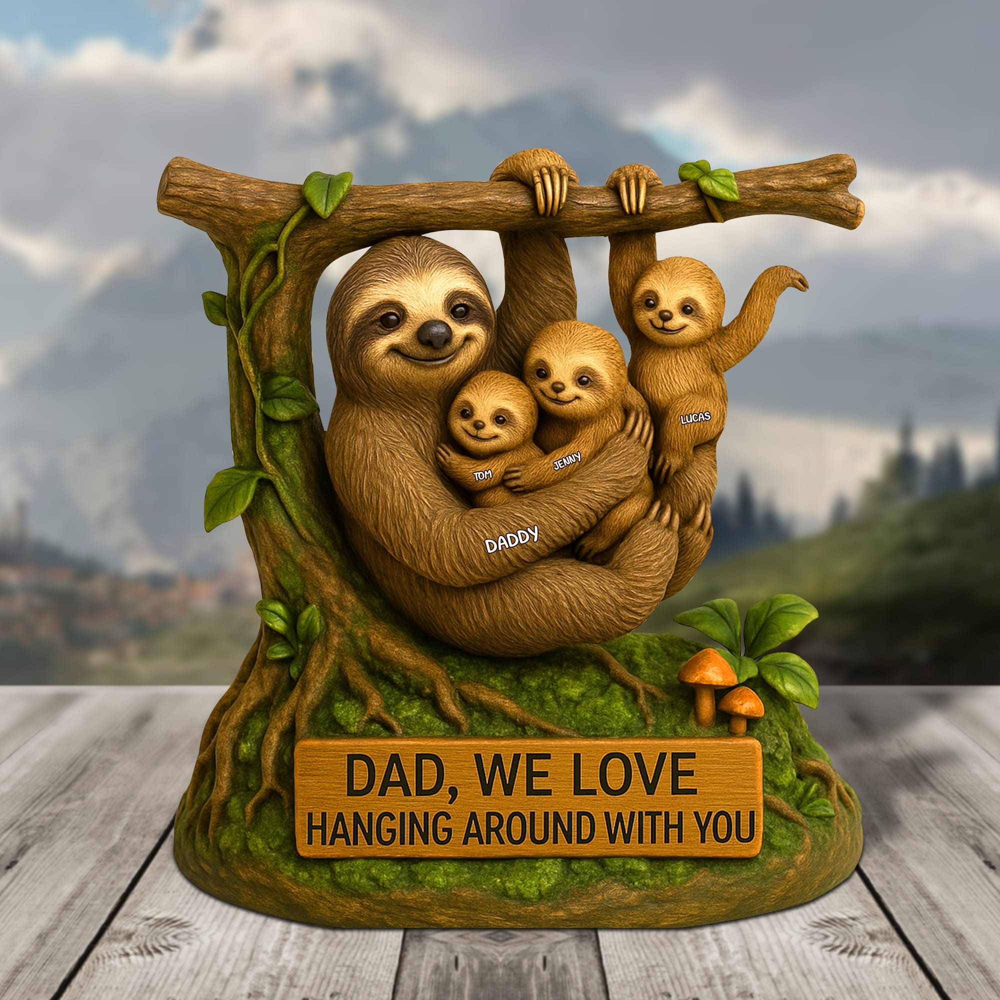 “Dad, We Love Hanging Around With You” - Sloth Dad Plaque - Personalized Gift for Dad, Grandpa, and More Shaped Plaques PopCulturePrints