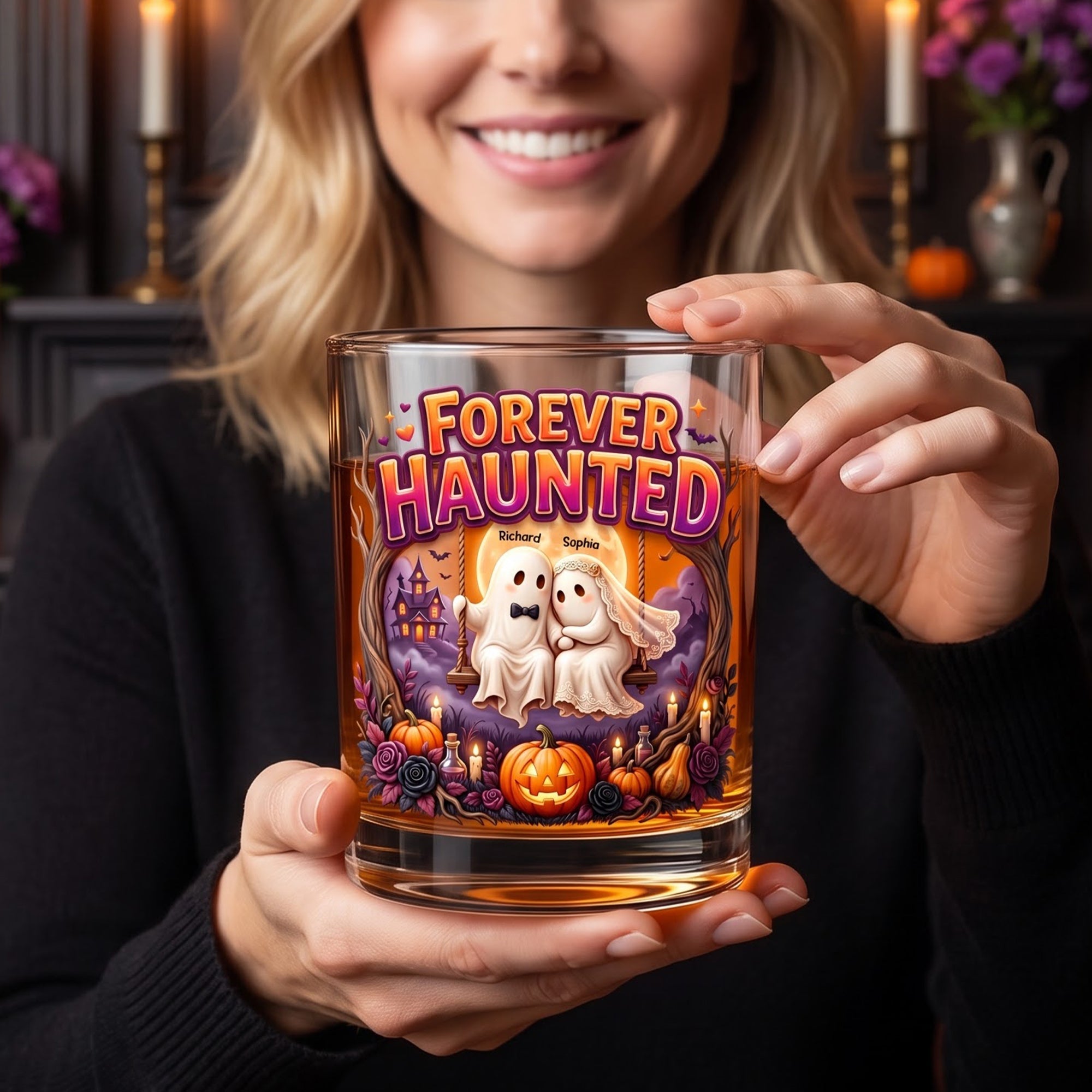 Forever Haunted - Custom Halloween Round Glass Gift for Couples