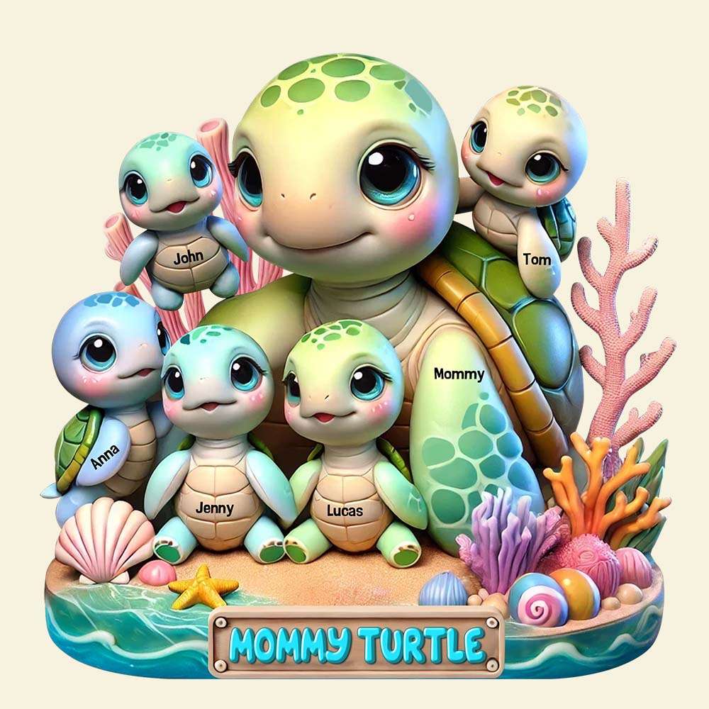 “Family is the Sea of Love” - Personalized Mama Turtle Acrylic Plaque - Custom Gift for Mom, Grandma & Family Shaped Plaques PopCulturePrints