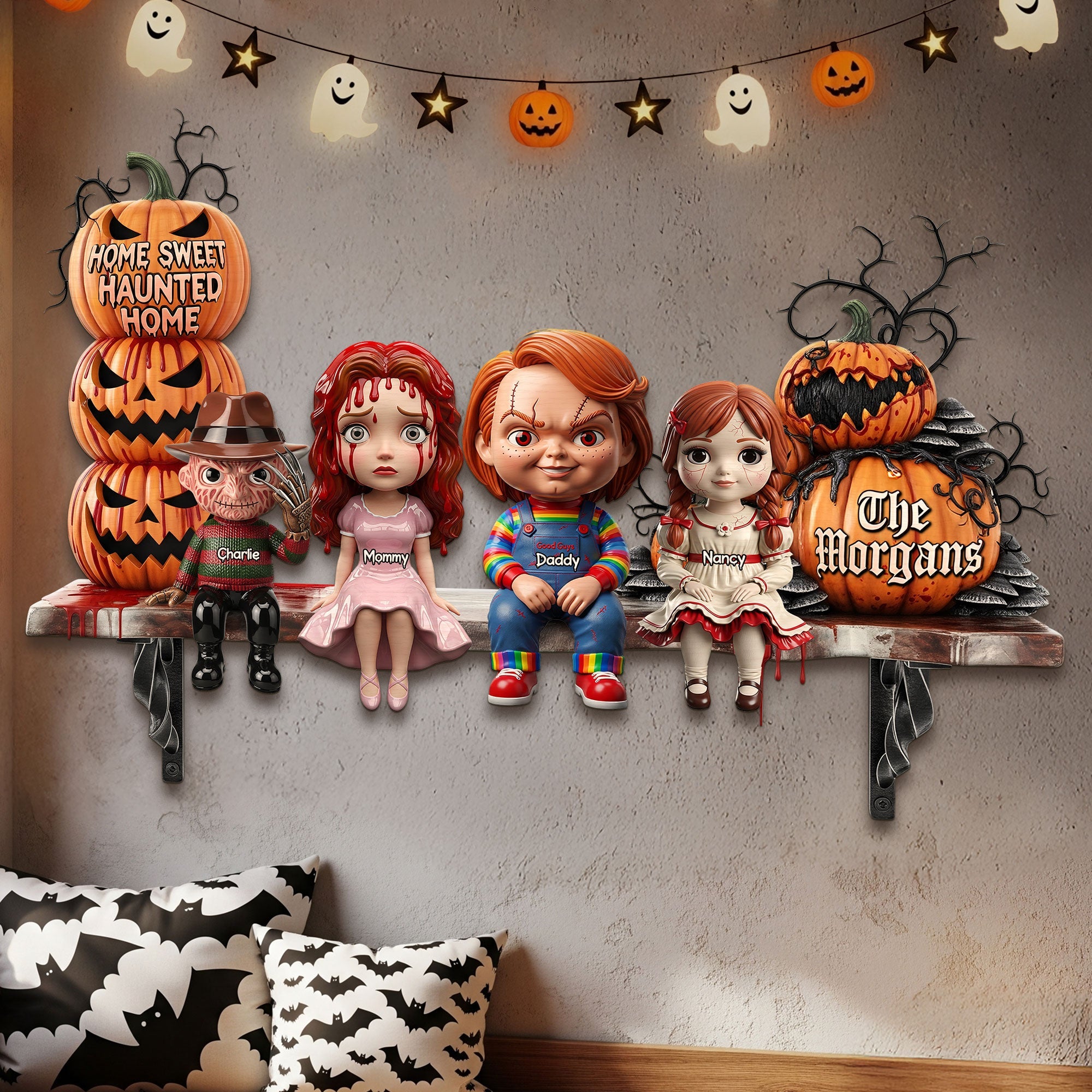 "Home Sweet Haunted Home" - Personalized Horror Family Wood Sign - Custom Gifts for Halloween Lovers Wood Sign PopCulturePrints