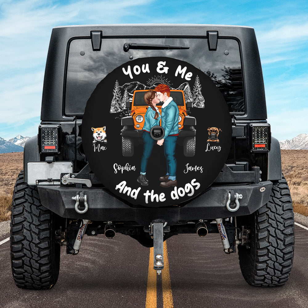 Personalized Couple and Dogs Tire Cover – Custom Names and Vehicle Design