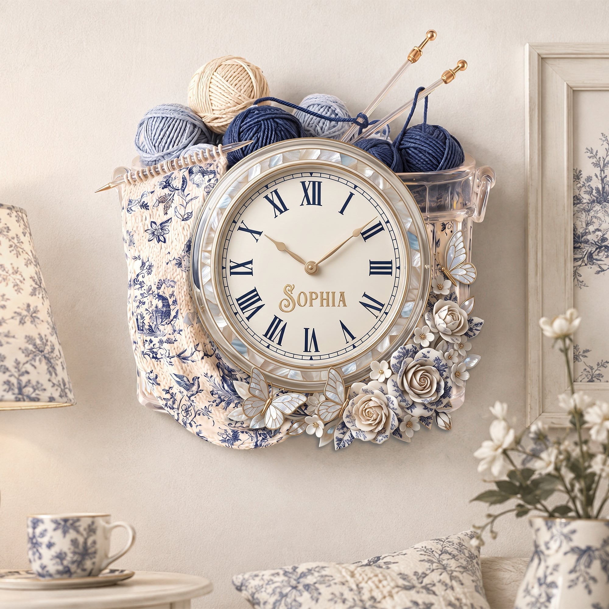 Timeless Elegance: Toile De Jouy Floral Knitting Hanging Wall Clock - Personalized Gift for Knitting Lovers