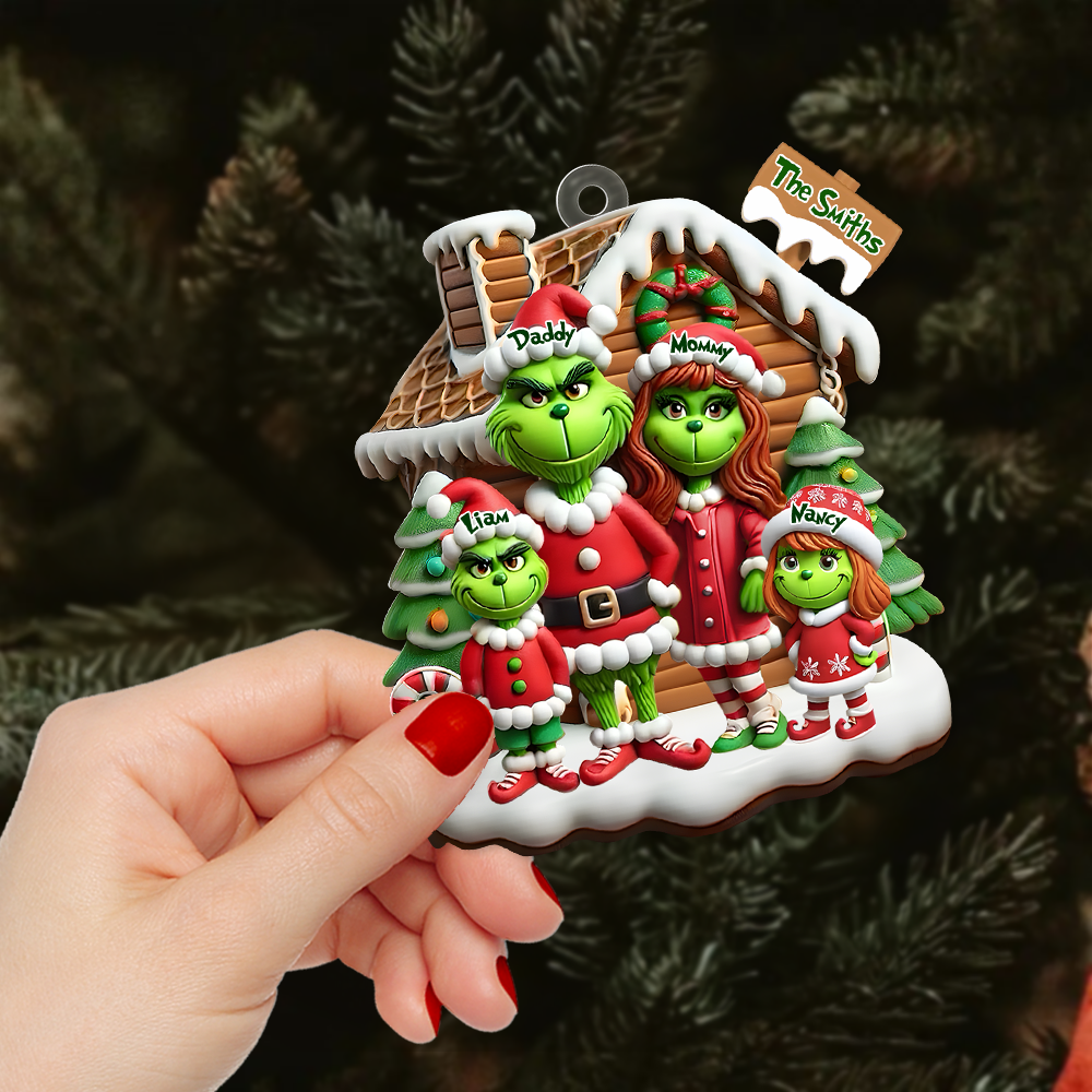 Personalized Family Christmas Ornament - Green Cartoon Character Design