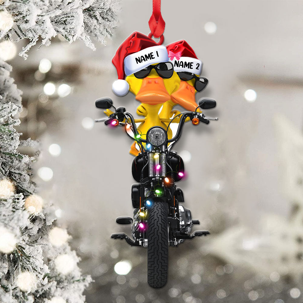 Personalized Duck Couple Christmas Ornament - Biker Theme