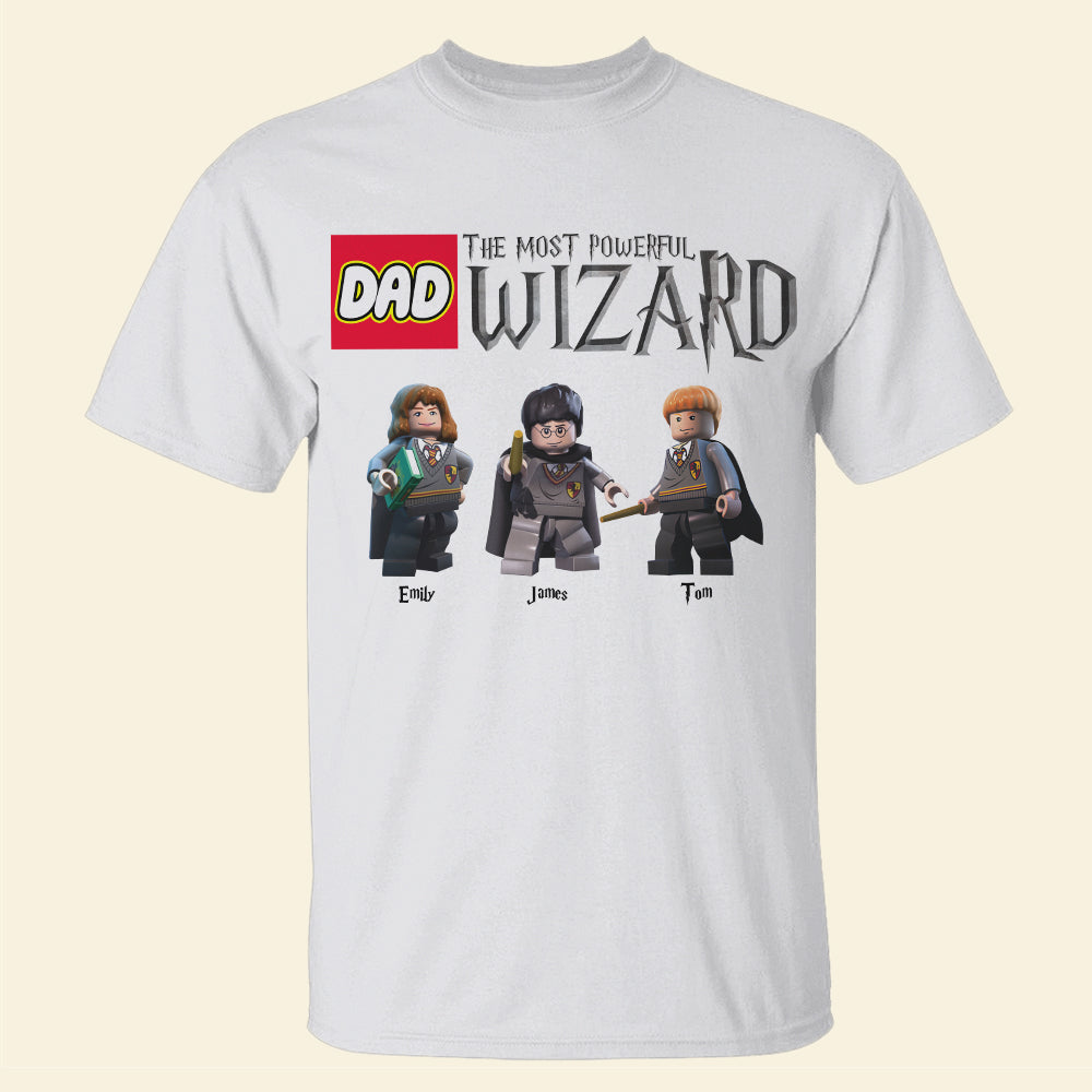 Personalized Dad Most Powerful Wizard T-Shirt with LEGO Style Characters