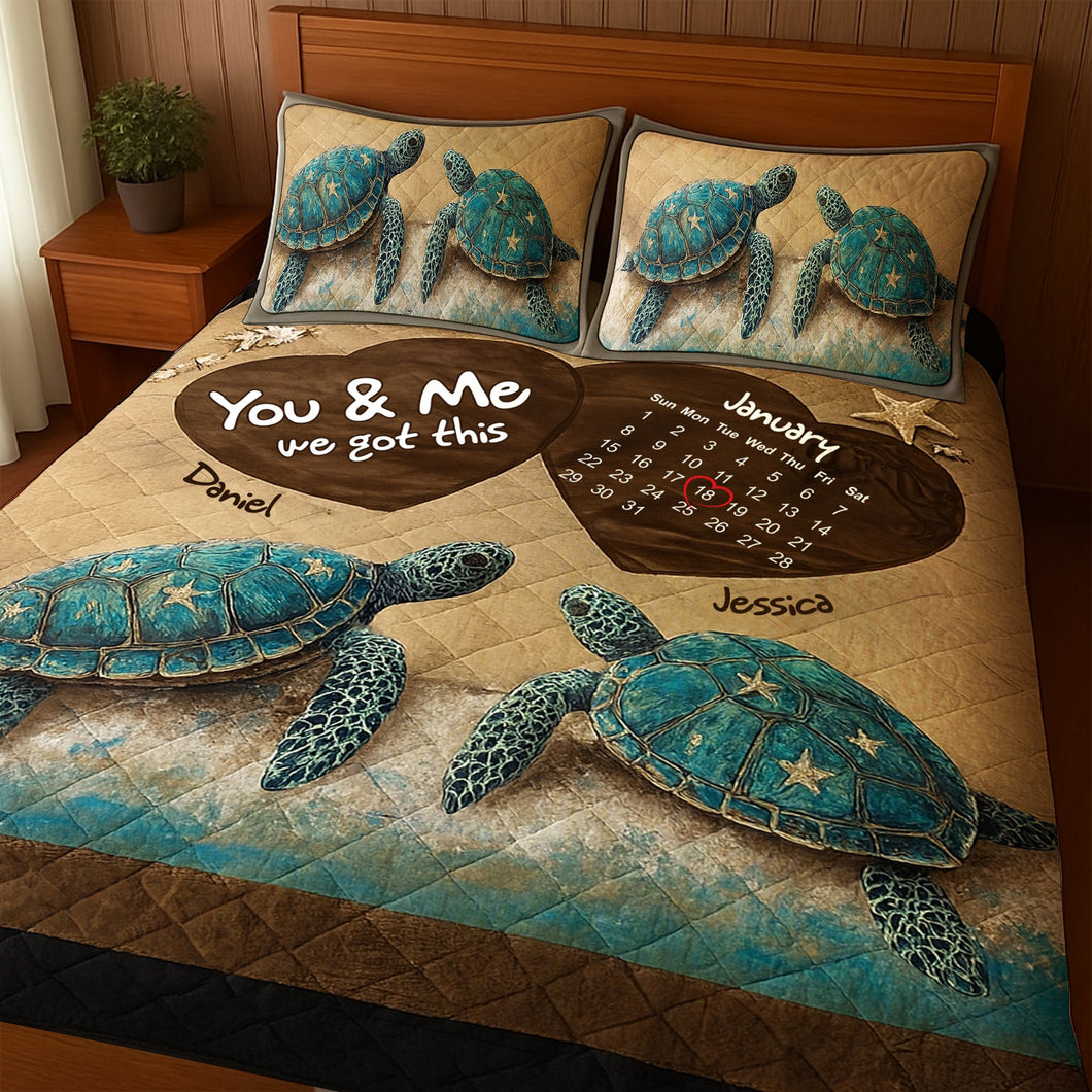 You & Me - Personalized Beachy Sea Turtle Quilt Bed Set - Unique Anniversary Gift for Couples Blanket PopCulturePrints