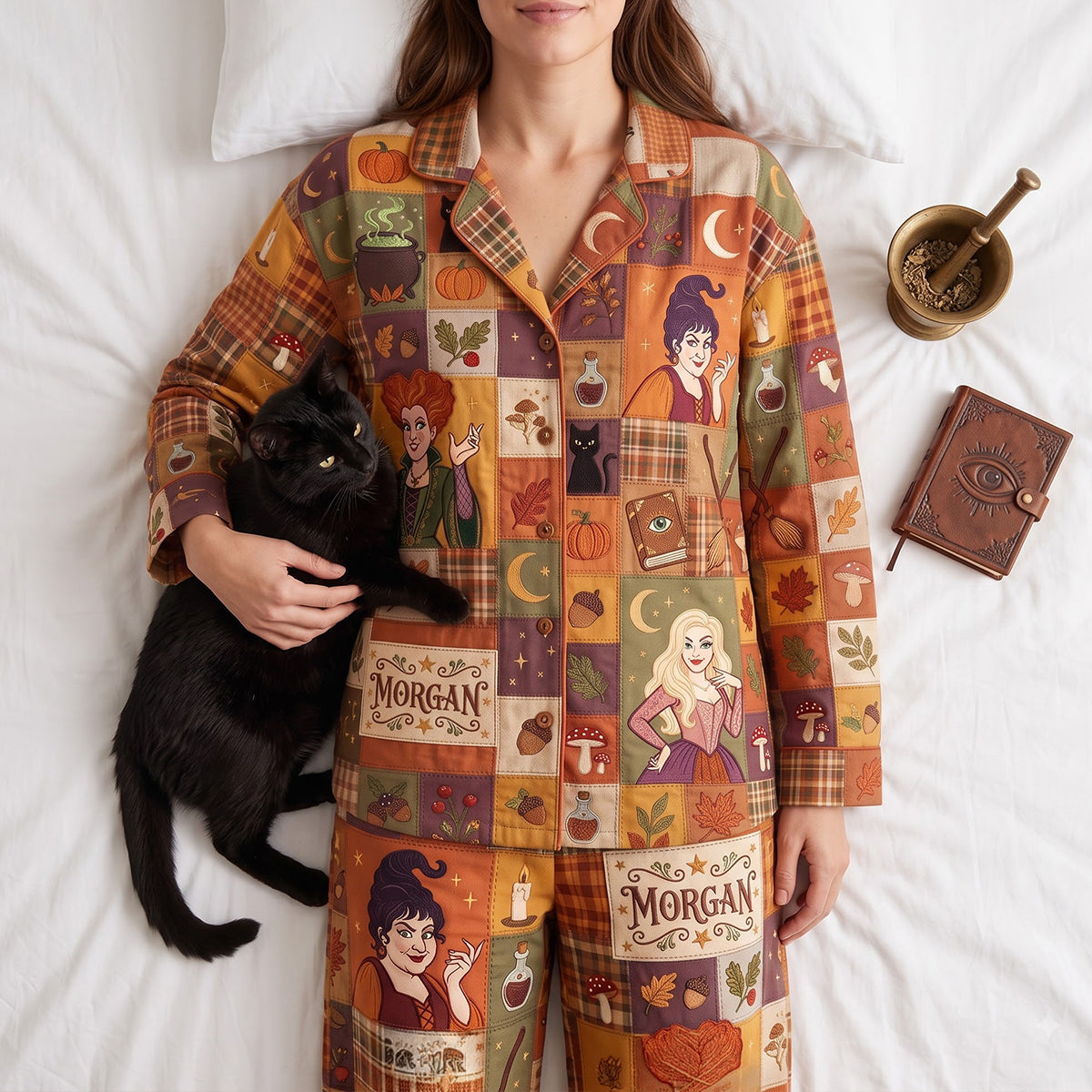 Magic Awaits with Our Personalized Patchwork Button Up Pajama Set - A Perfect Halloween Gift for Witch Lovers! Pajama Set PopCulturePrints