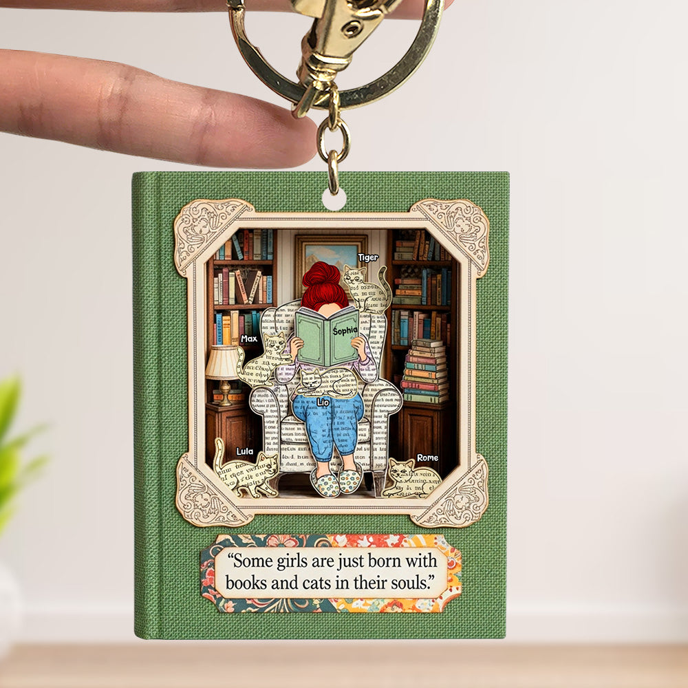 “Some girls are just born with books and cats in their souls.” - Personalized Book and Cat Girl Keychain - Unique Gift for Book Lovers, Cat Enthusiasts, and Readers Keychains PopCulturePrints