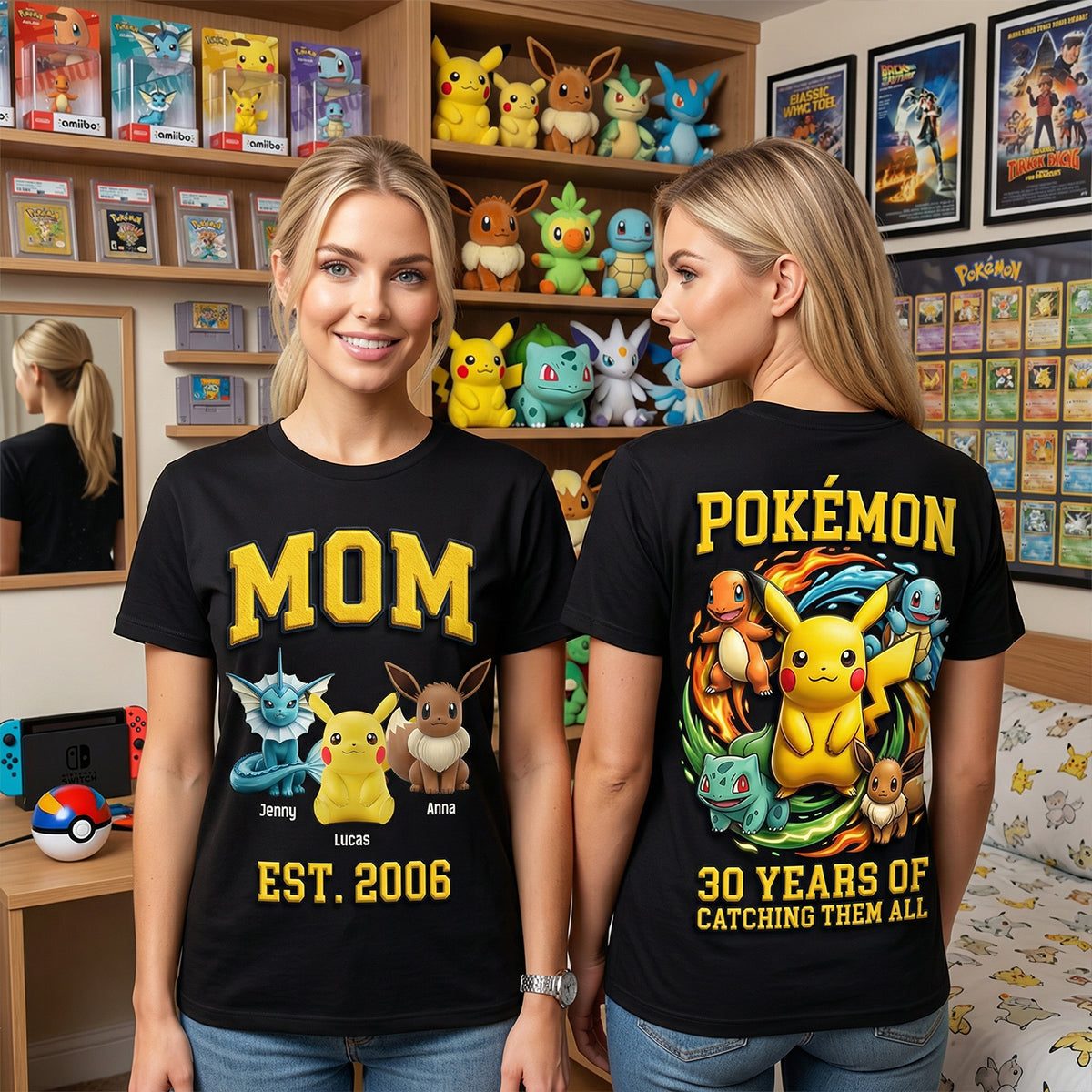 “Celebrating Motherhood with Pokémon Charm” - Personalized Catching Mom Shirt - Custom Gift for Mom, Grandma, and More AOP Products PopCulturePrints