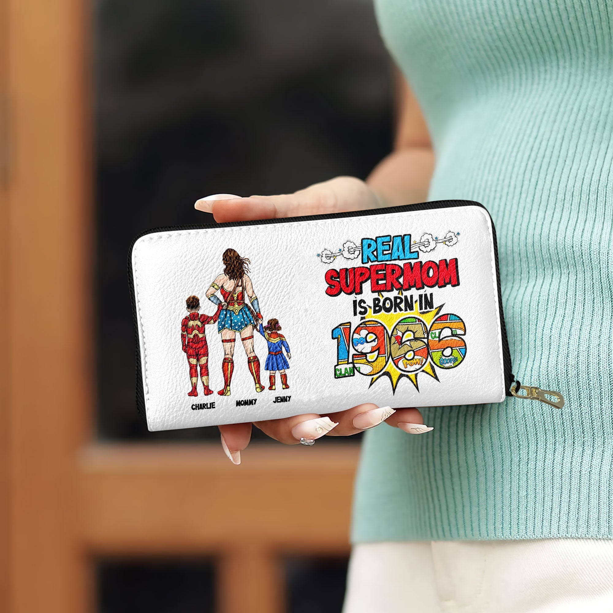 "Real Supermom is Born in 1966" - Personalized Faux Leather Wallet - Gift for Mom & Grandma Leather Wallet PopCulturePrints