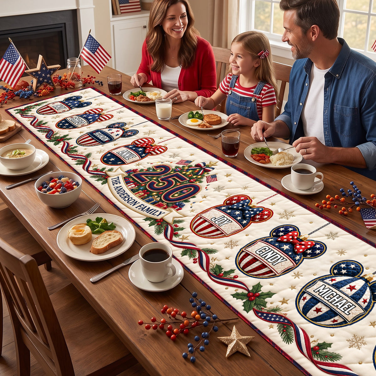 Celebrate Joy with Family - Personalized Christmas Family Bubble Quilted Table Runner