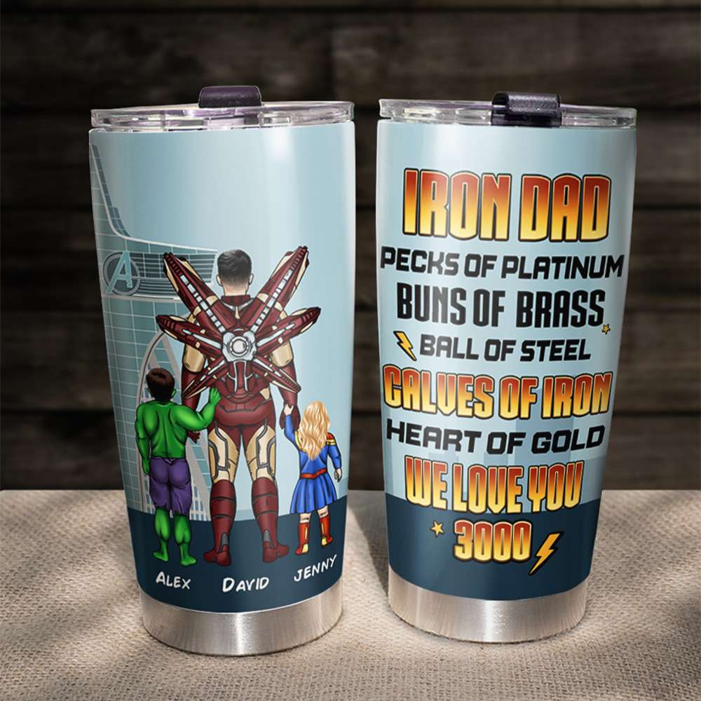 Iron Dad Personalized Tumbler with Superhero Kids - We Love You 3000