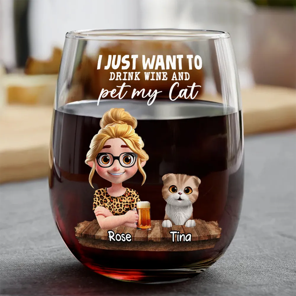 I Just Want To Drink Wine - Personalized Stemless Wine Glass for Cat Lovers Wine Glass PopCulturePrints