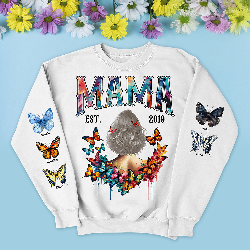 “A Mother’s Love Takes Flight” - Personalized Butterfly Lovers Shirt - Custom Gift for Mom, Grandma, and More AOP Products PopCulturePrints